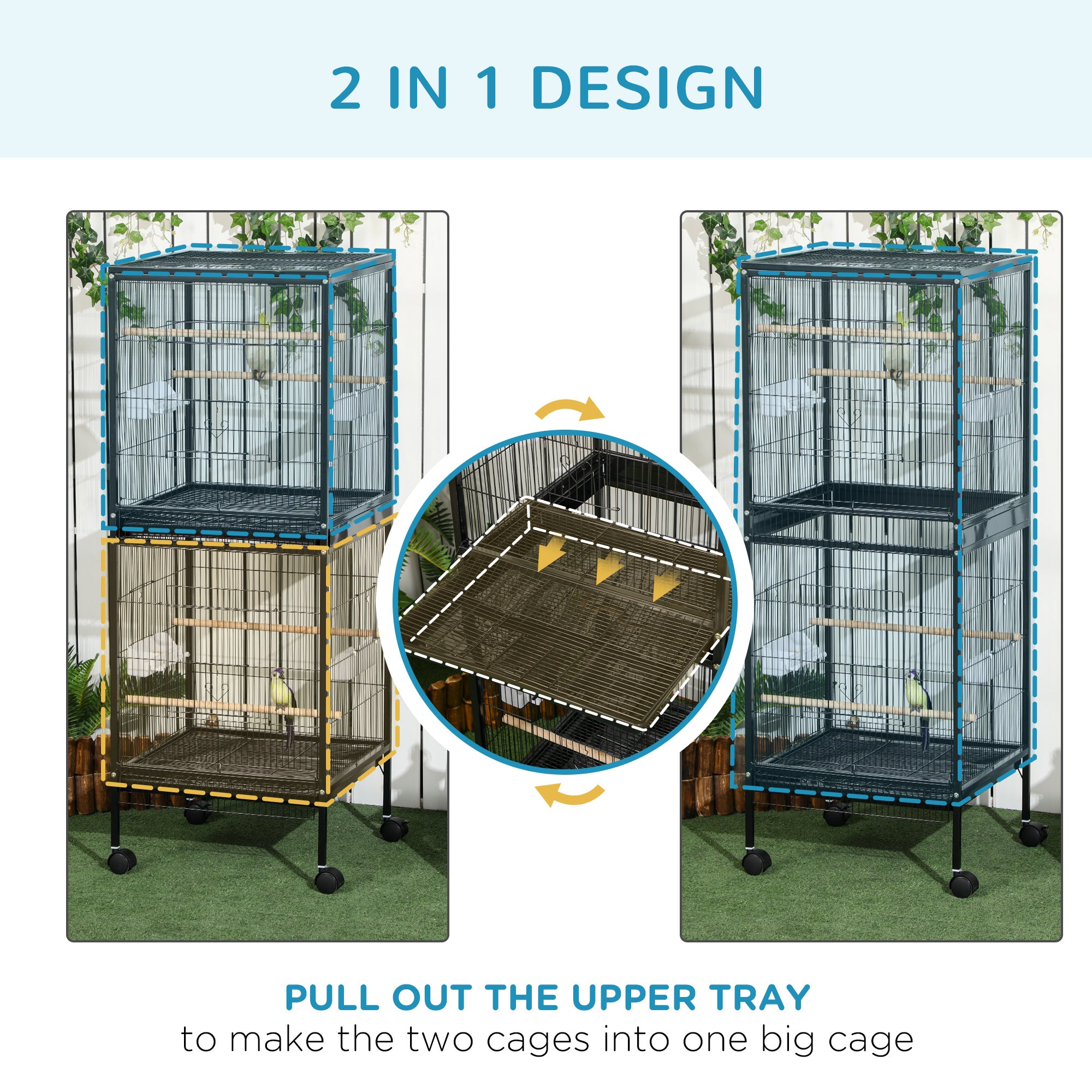 55.1" 2 In 1 Bird Cage Aviary Parakeet House for finches, budgies with Wheels, Slide-out Trays, Wood Perch, Food Containers, Black