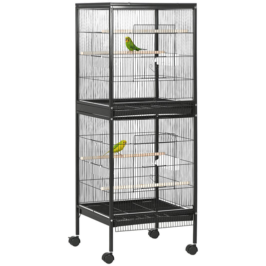 Bird Cage Budgie Cage 2 In 1 Large Aviary with Wheels Removable Trays for Finch Canaries Cockatiels Black