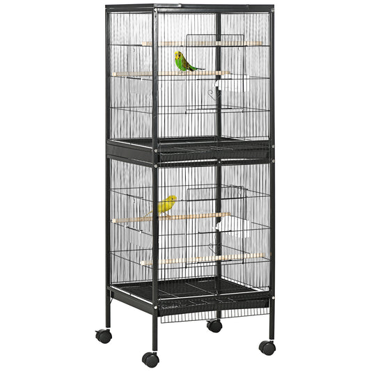55.1" 2 In 1 Bird Cage Aviary Parakeet House for finches, budgies with Wheels, Slide-out Trays, Wood Perch, Food Containers, Black