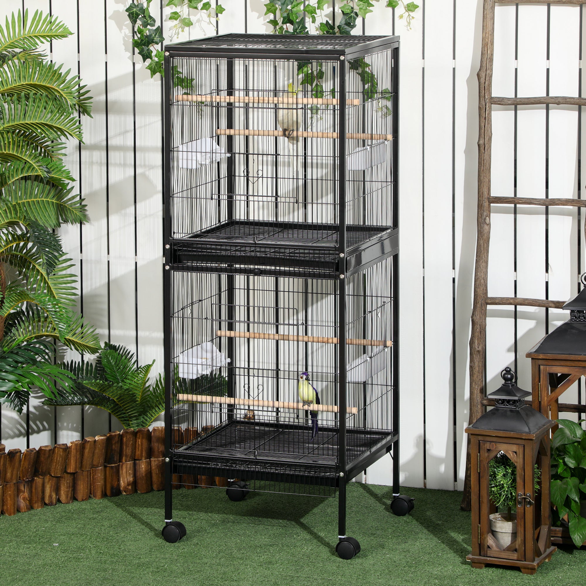 55.1" 2 In 1 Bird Cage Aviary Parakeet House for finches, budgies with Wheels, Slide-out Trays, Wood Perch, Food Containers, Black