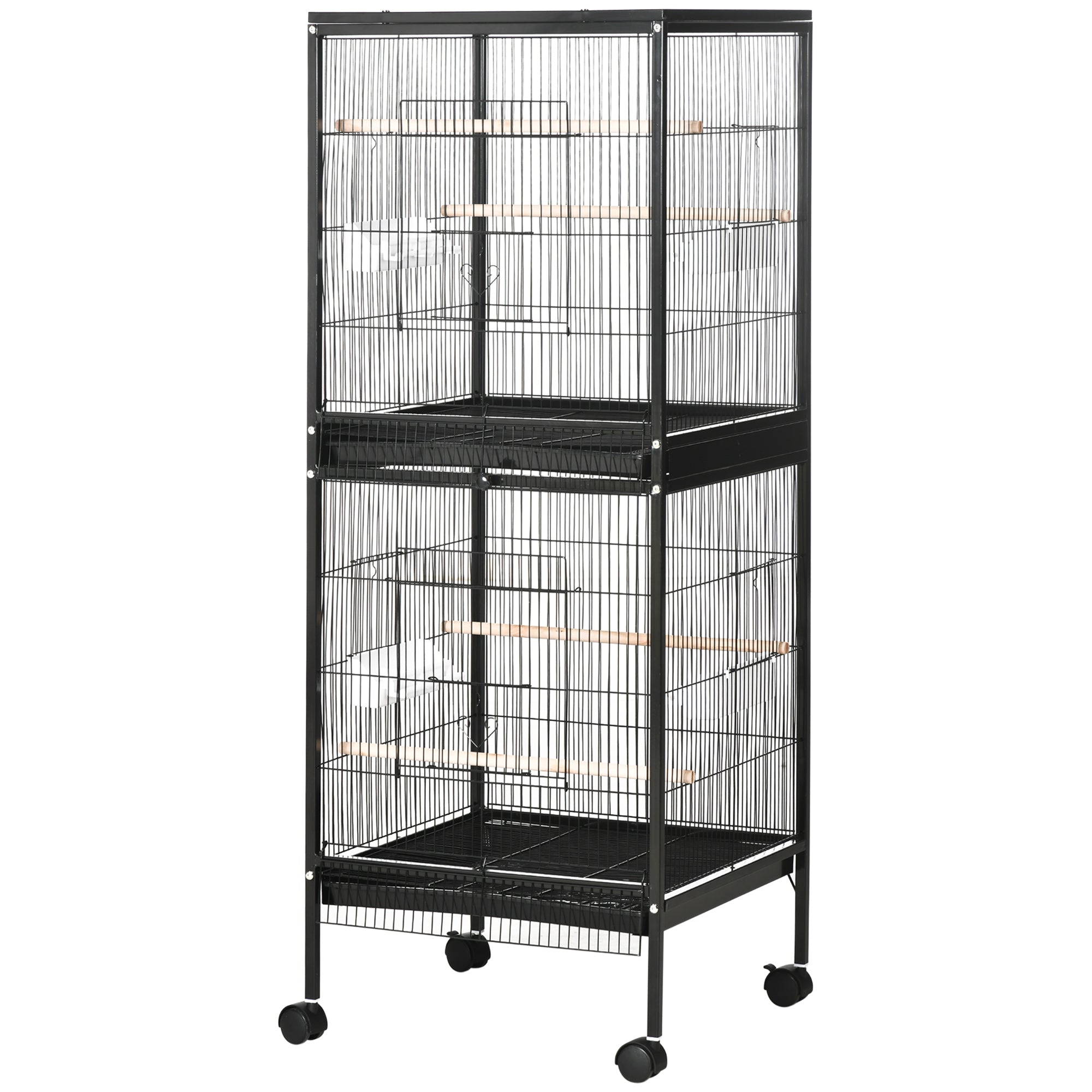 55.1" 2 In 1 Bird Cage Aviary Parakeet House for finches, budgies with Wheels, Slide-out Trays, Wood Perch, Food Containers, Black