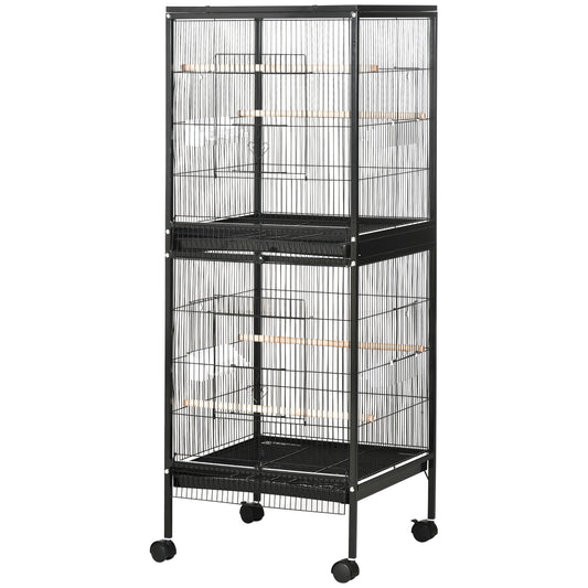 55.1" 2 In 1 Bird Cage Aviary Parakeet House for finches, budgies with Wheels, Slide-out Trays, Wood Perch, Food Containers, Black