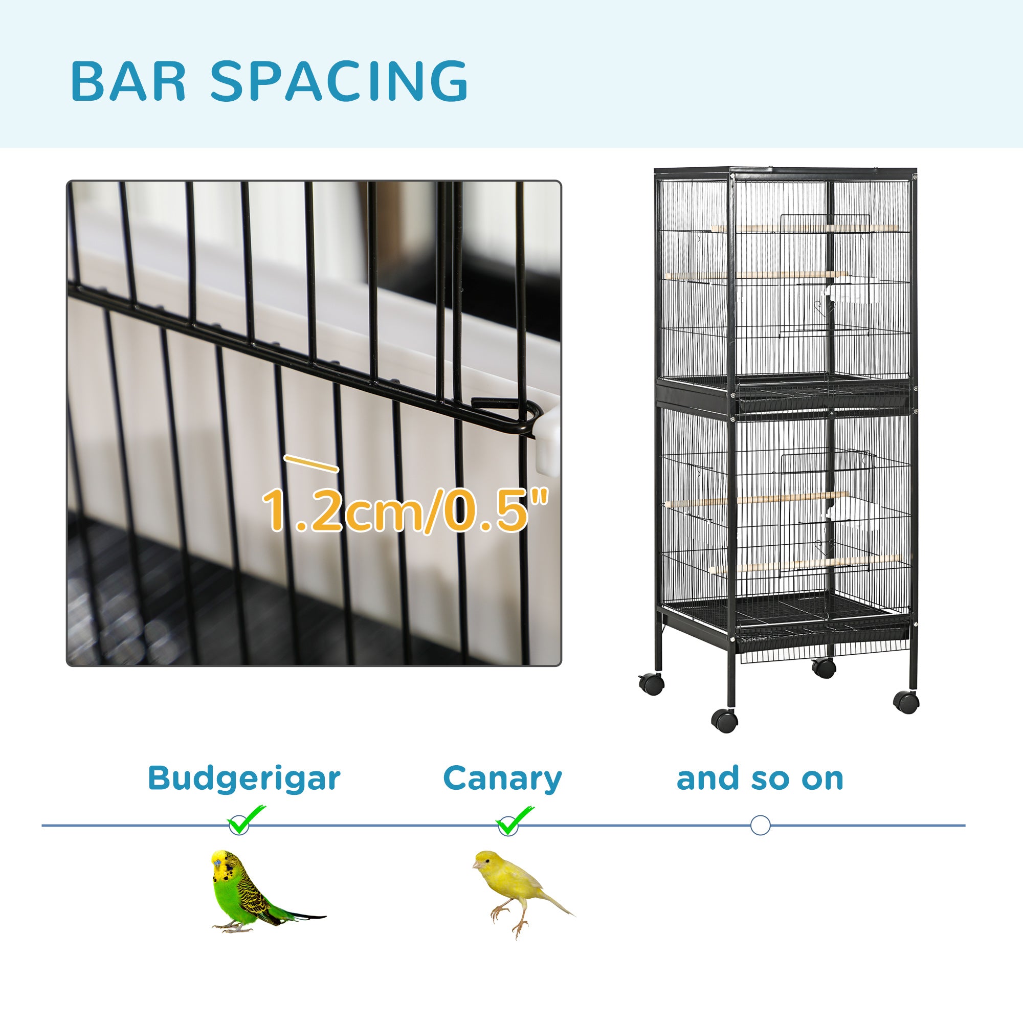 55.1" 2 In 1 Bird Cage Aviary Parakeet House for finches, budgies with Wheels, Slide-out Trays, Wood Perch, Food Containers, Black