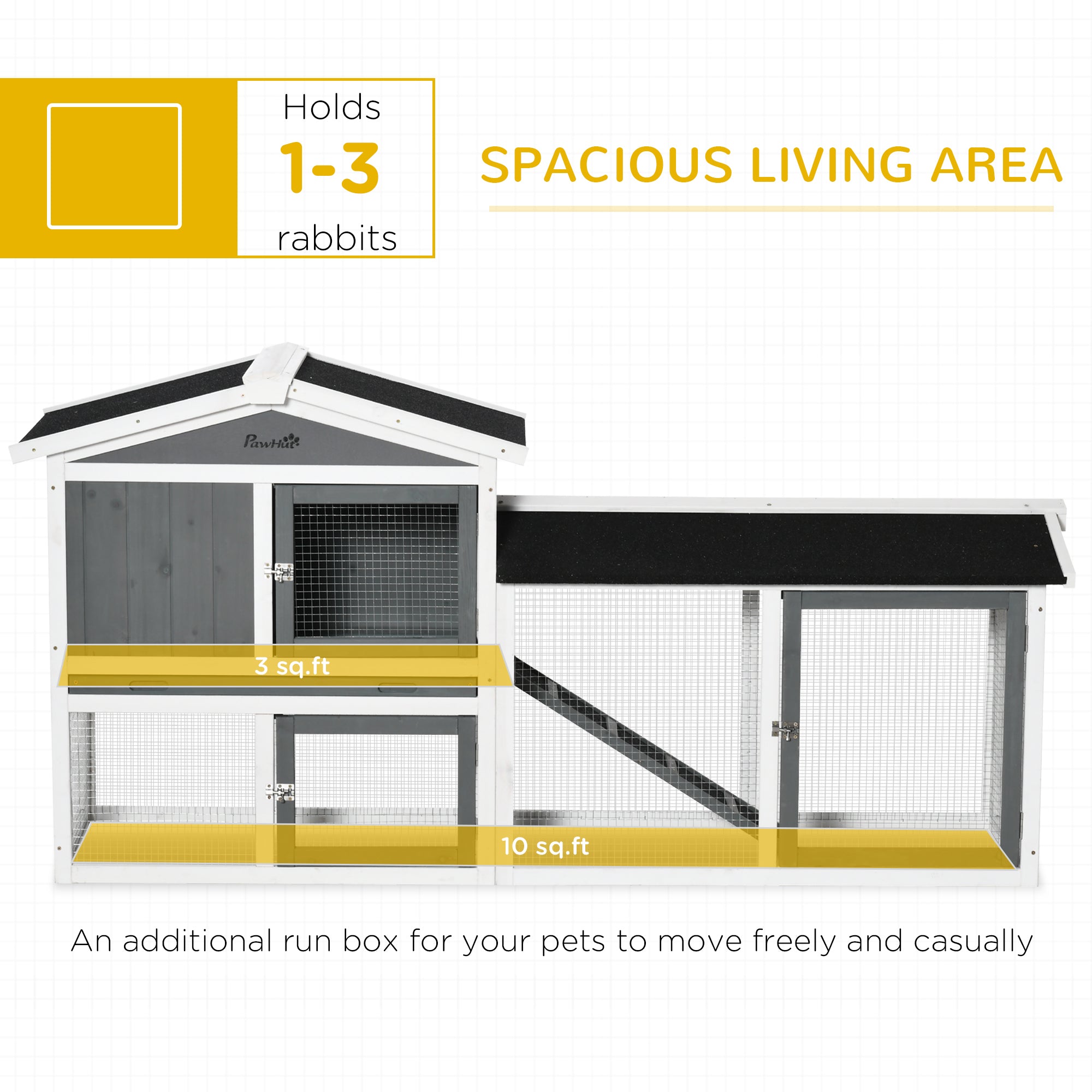 PawHut 69" Rabbit Hutch, Wooden Bunny Hutch, Guinea Pig Cage, Small Animal Enclosure with Run Area, Removable Tray, Asphalt Roof, Lockable Doors and Ramp, White