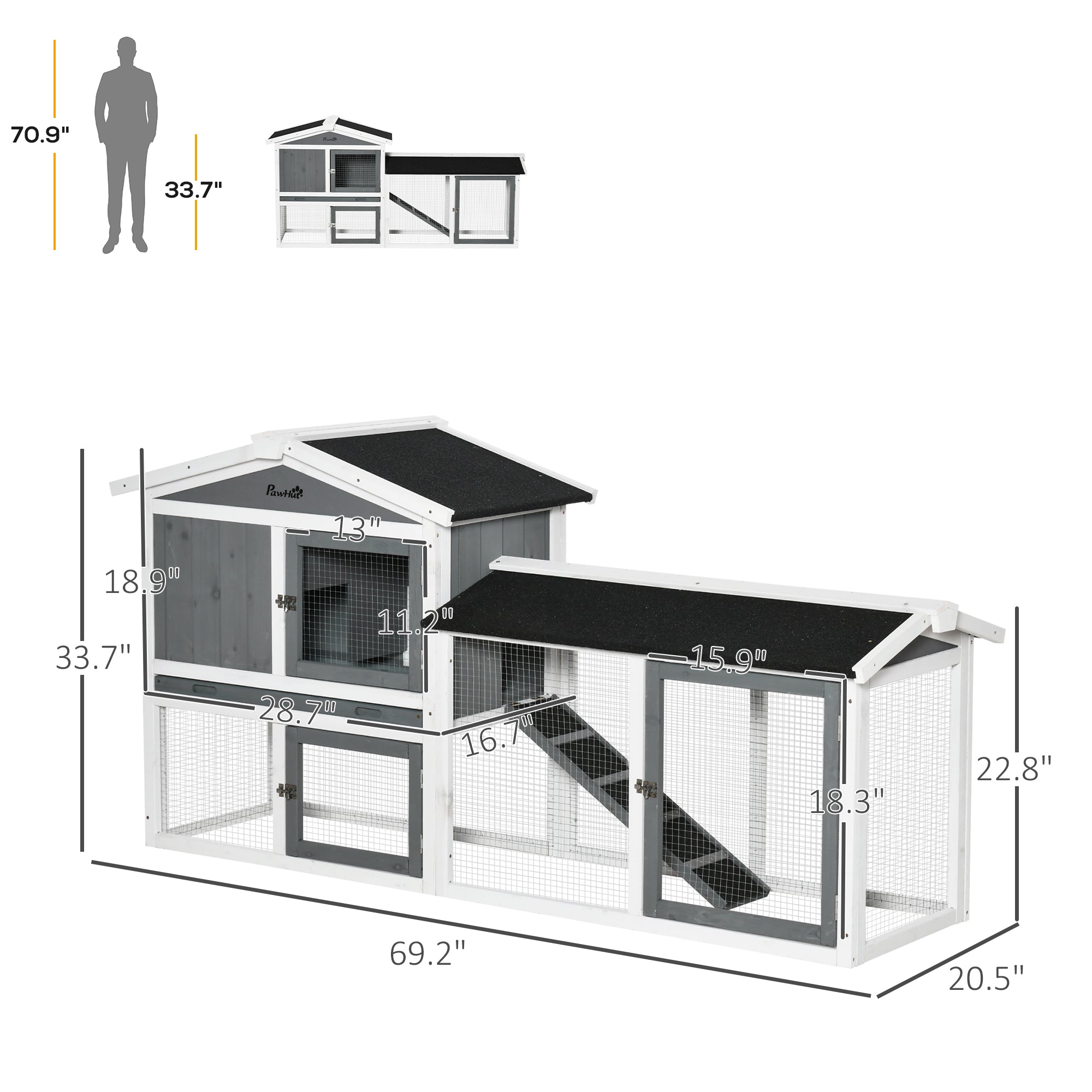 PawHut 69" Rabbit Hutch, Wooden Bunny Hutch, Guinea Pig Cage, Small Animal Enclosure with Run Area, Removable Tray, Asphalt Roof, Lockable Doors and Ramp, White