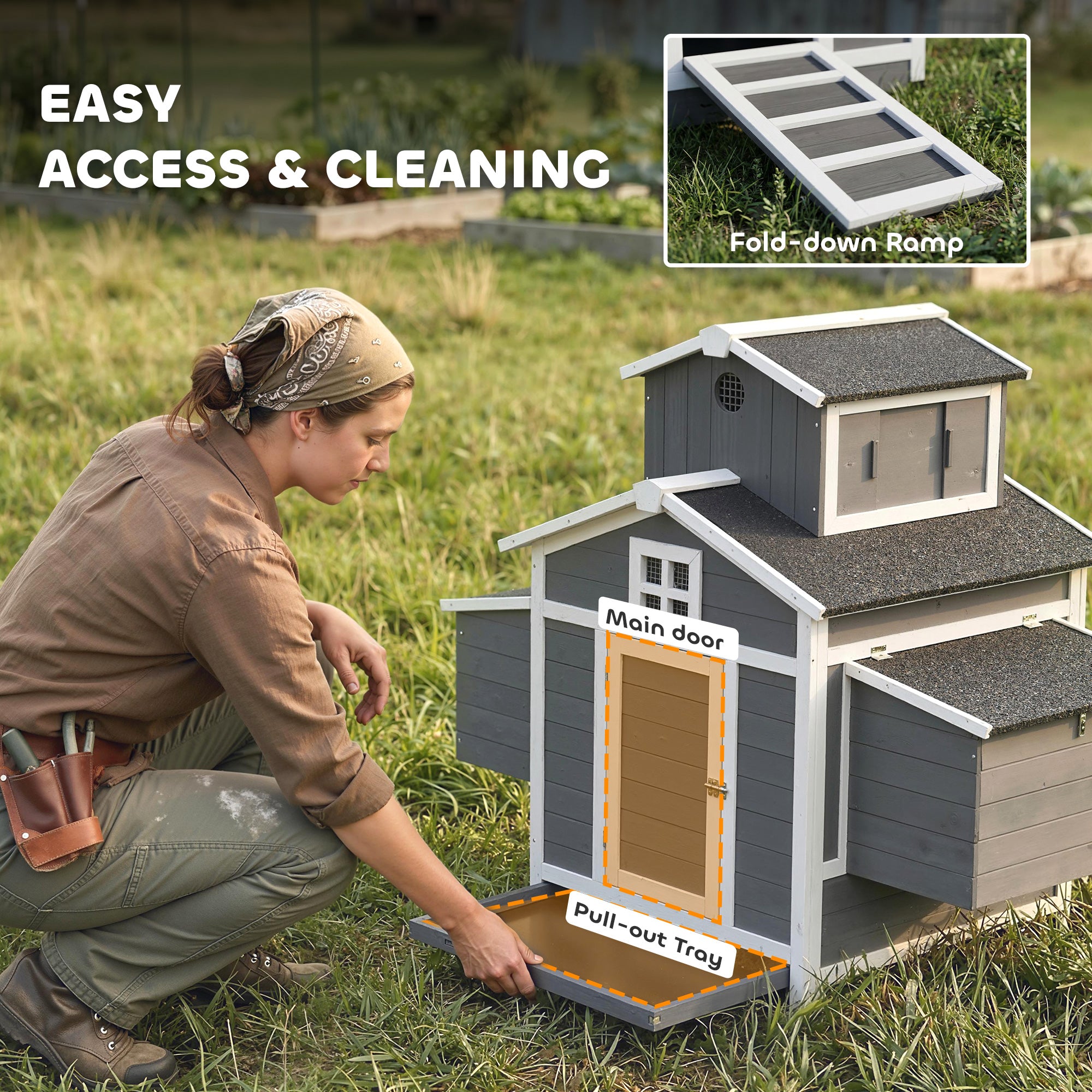 Chicken Coop for 2 Chickens, Wooden Hen House with Nesting Box, Pull-Out Tray, Ventilation Windows, Poultry Hutch Rabbit Cage with Waterproof Roof, Roosting Bars and Ramp