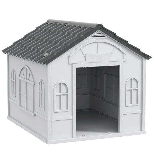 26" Plastic Dog House for Small Medium Dogs, Waterproof Dog Kennel with Air Vents, Outdoor Pet Shelter, Grey