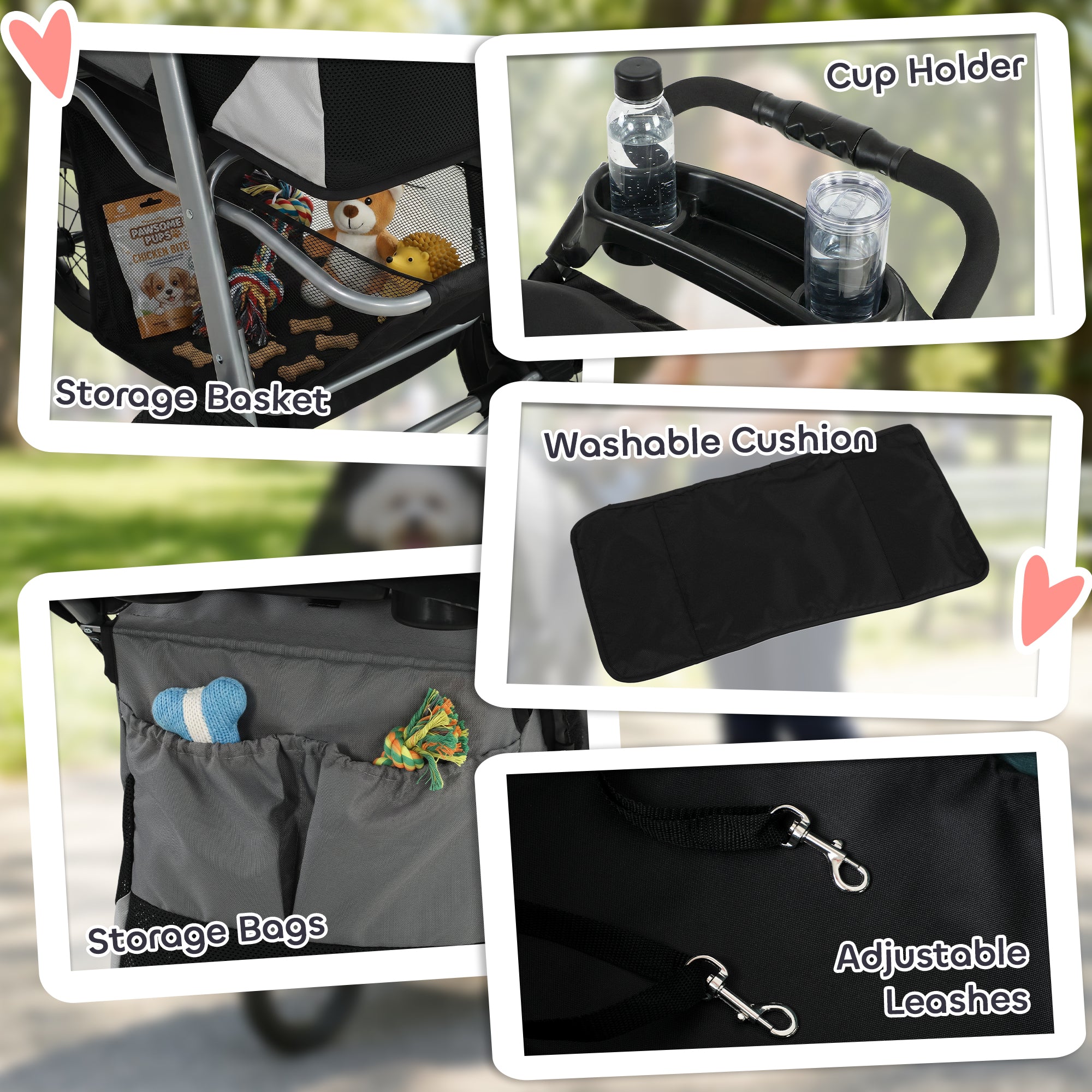 Dog Stroller for Small Dogs, 3 Wheel Foldable Pet Stroller with 12" Rubber Wheels, Mesh Window, One-Foot Brake, Storage Basket and Cup Holder, Up to 22 LBS, Light Gray