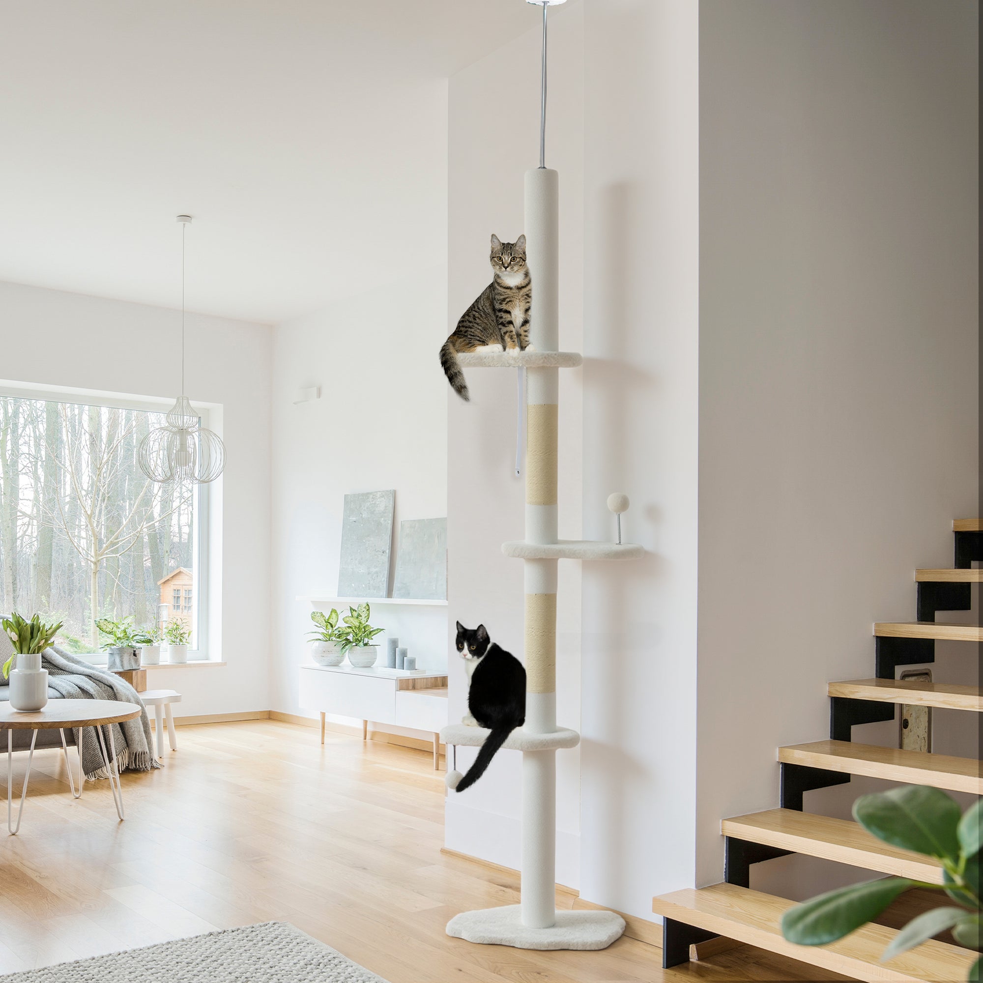 Floor to Ceiling Cat Tree, 225-255 cm Adjustable Cat Climbing Tower with 3 Cloud Perches, Sisal Scratching Posts, 2 Hanging Play Balls and Anti-Tip Strap, Beige
