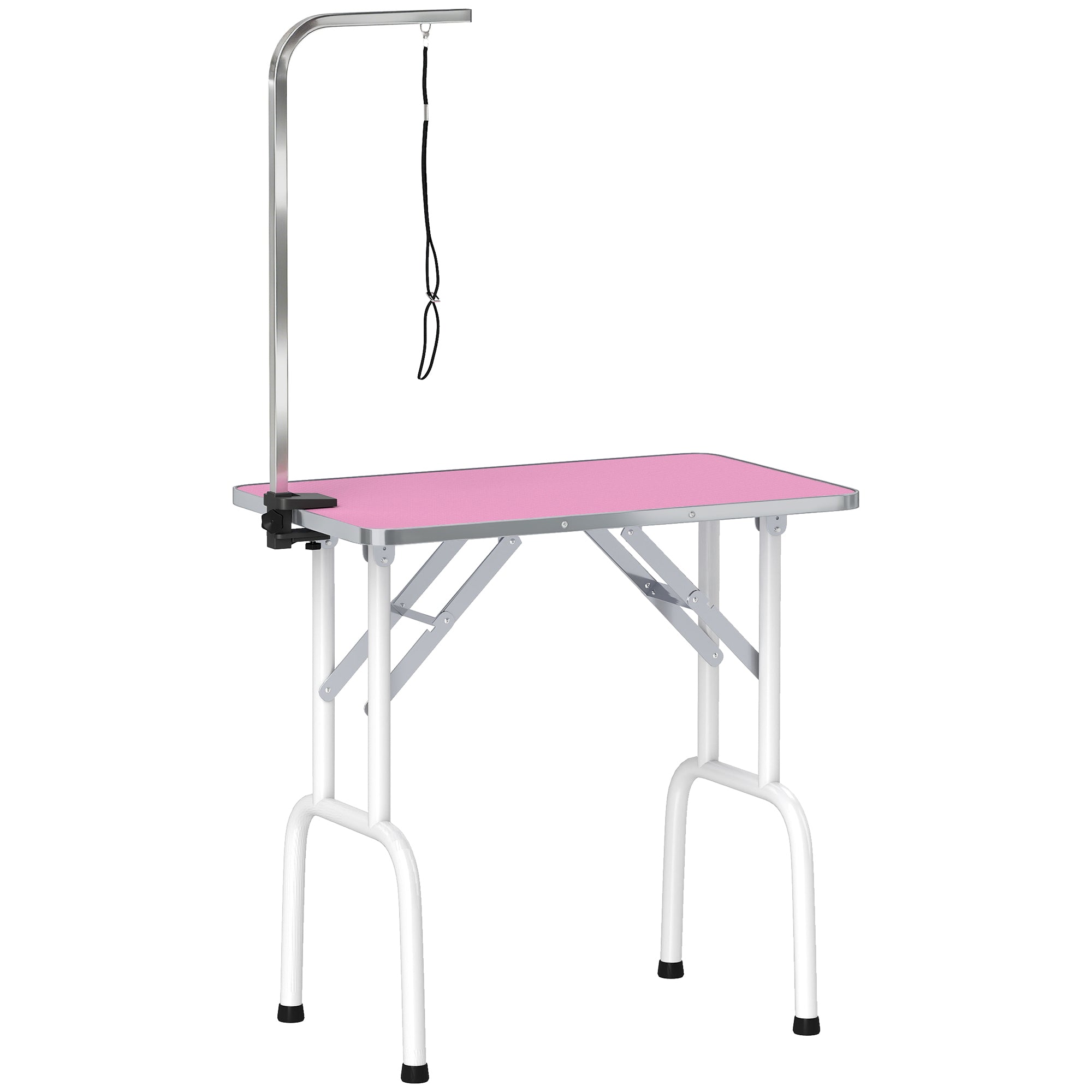 Foldable Dog Grooming Table, 32" Portable Pet Grooming Table with Height Adjustable Arm and Anti-Slip Rubber Top for Small Medium Dogs and Cats, Pink