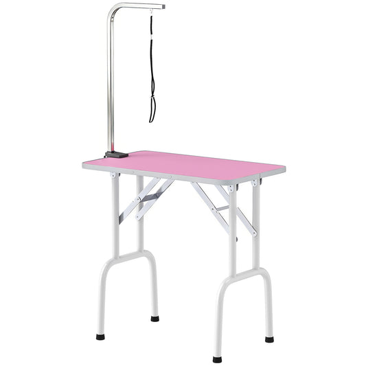 32in Foldable Dog Grooming Table for Small Medium Dogs, Pet Grooming Table for Cats Puppies with Adjustable Arm, Noose and Non-Slip Surface, Pink