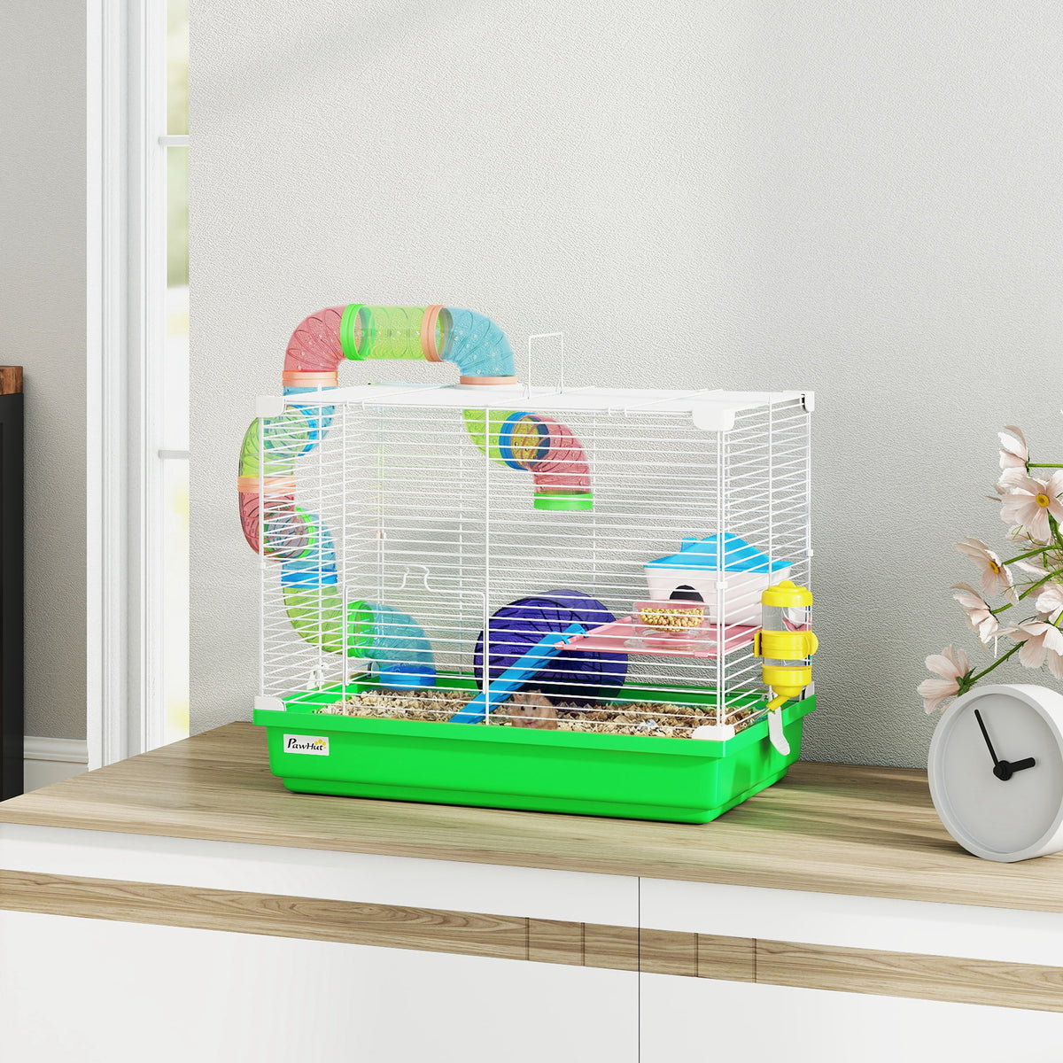 18"L Hamster Cage, Small Animal House, 2-Level Rat Gerbil Haven with Tunnel Tube System, Exercise Wheel, Water Bottle, Food Dish, Ramp, Green