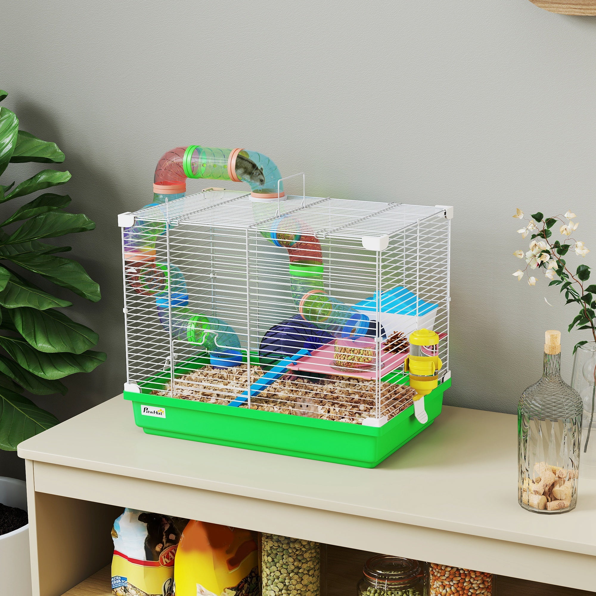 18"L Hamster Cage, Small Animal House, 2-Level Rat Gerbil Haven with Tunnel Tube System, Exercise Wheel, Water Bottle, Food Dish, Ramp, Green