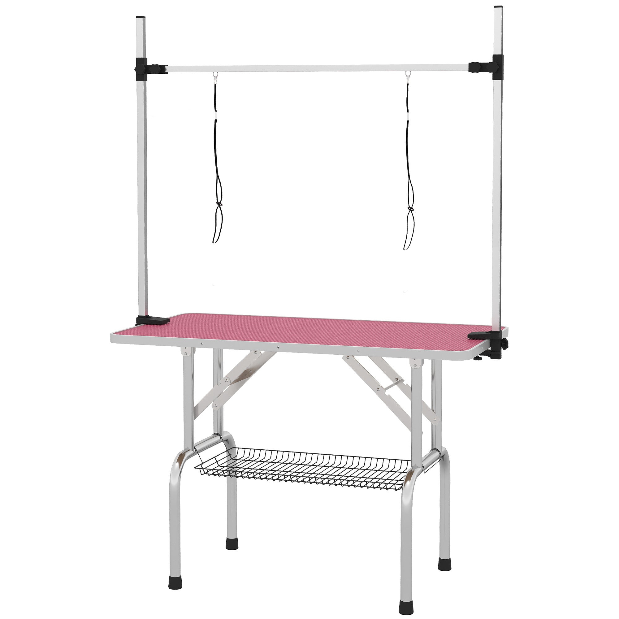 43"L Dog Grooming Table, Pet Foldable Grooming Table with 8"- 32" Adjustable Arm, Two Nooses, Mesh Tray and Rubber Top for Large Medium Small Pets, Pink