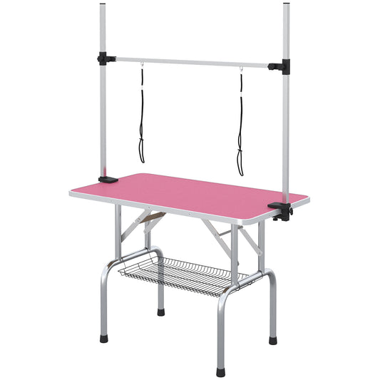 42" Foldable Dog Grooming Table Adjustable Pet Cat Drying Beauty Table Rubber Top with 2 Loops Storage Basket Metal Pink