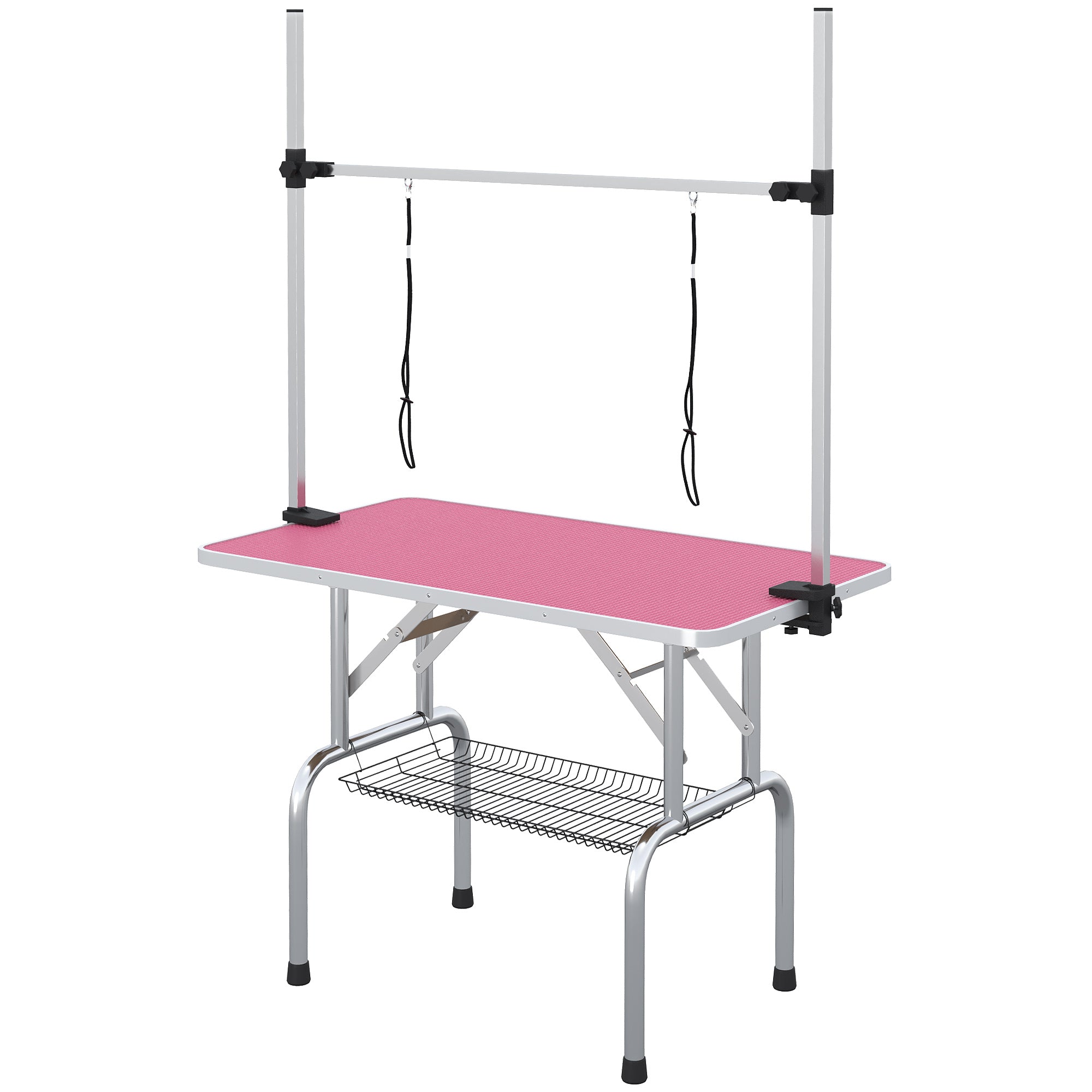 43"L Dog Grooming Table, Pet Foldable Grooming Table with 8"- 32" Adjustable Arm, Two Nooses, Mesh Tray and Rubber Top for Large Medium Small Pets, Pink