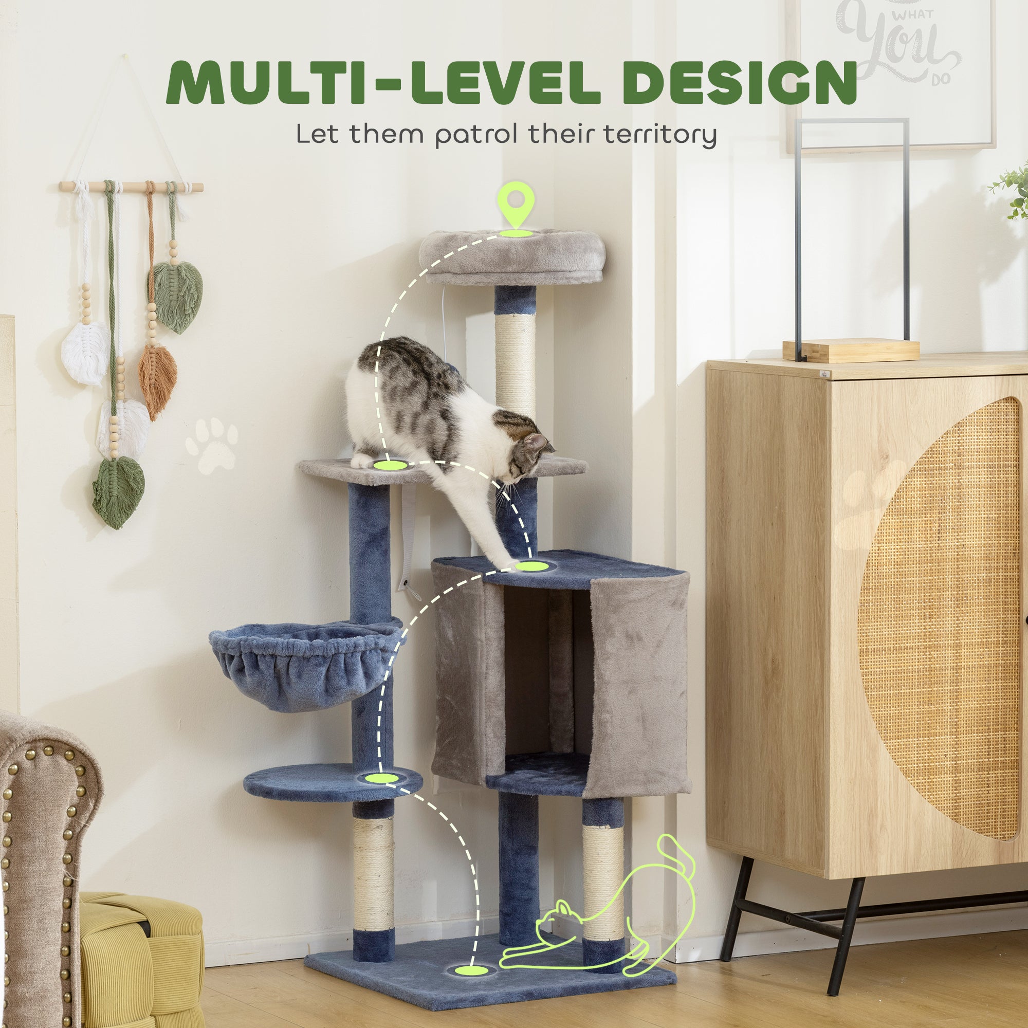 Modern Cat Tree, 48 Inch Cat Tower for Indoor Kittens with Cozy Condo, Hammock, Top Perch, Sisal Scratching Posts, Toy Ball, Blue and Grey