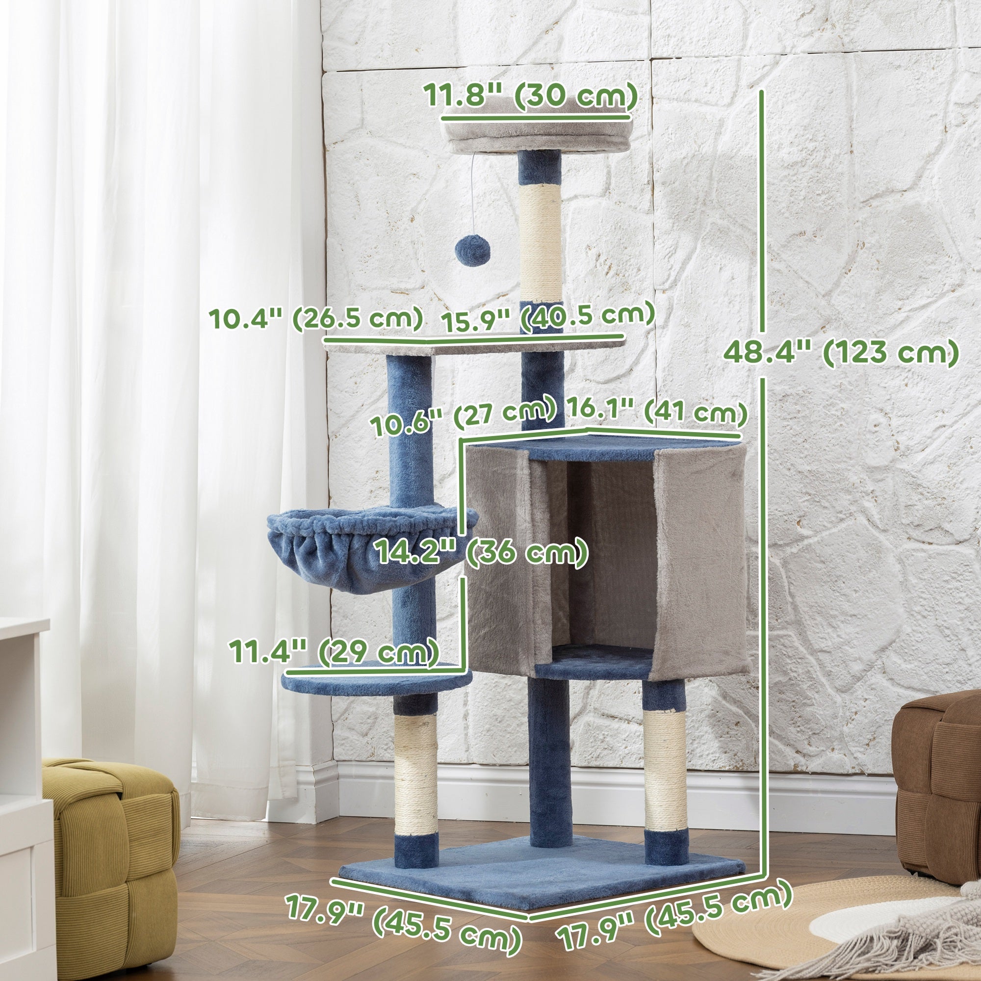 Modern Cat Tree, 48 Inch Cat Tower for Indoor Kittens with Cozy Condo, Hammock, Top Perch, Sisal Scratching Posts, Toy Ball, Blue and Grey