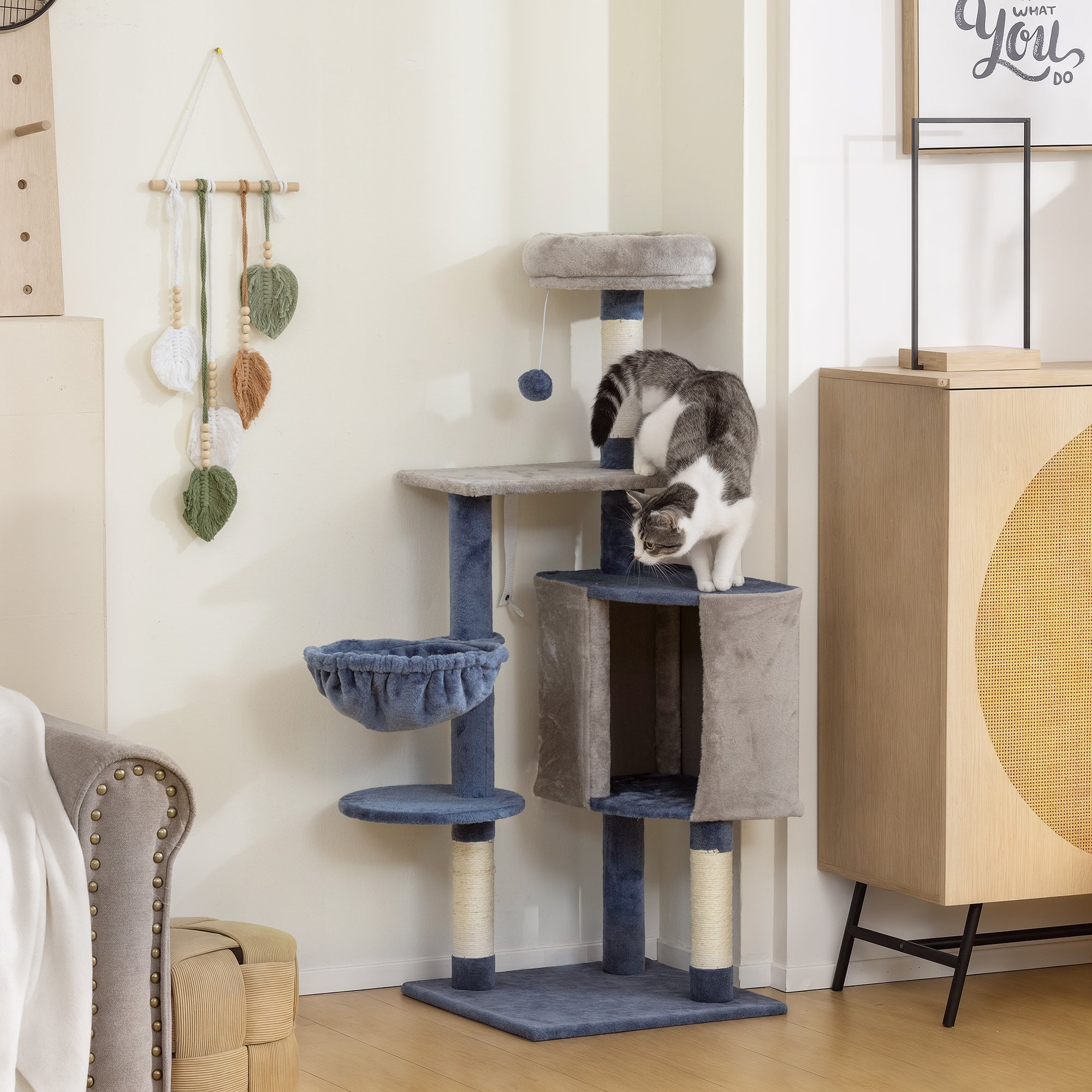 Modern Cat Tree, 48 Inch Cat Tower for Indoor Kittens with Cozy Condo, Hammock, Top Perch, Sisal Scratching Posts, Toy Ball, Blue and Grey