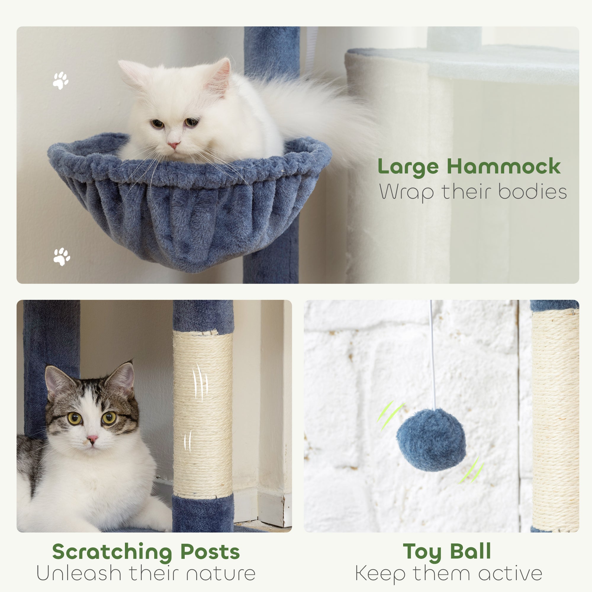 Modern Cat Tree, 48 Inch Cat Tower for Indoor Kittens with Cozy Condo, Hammock, Top Perch, Sisal Scratching Posts, Toy Ball, Blue and Grey