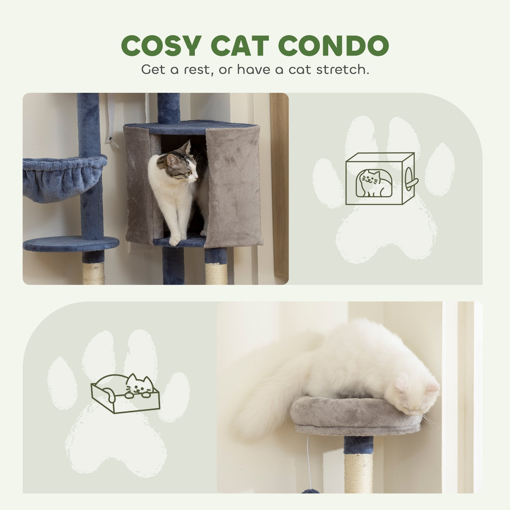 Modern Cat Tree, 48 Inch Cat Tower for Indoor Kittens with Cozy Condo, Hammock, Top Perch, Sisal Scratching Posts, Toy Ball, Blue and Grey