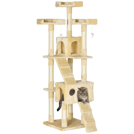 68 inches Cat Tree, Multi-Level Large Cat Tower Condo with Scratching Posts, Perches, Cat Houses, Dangling Toy, Beige
