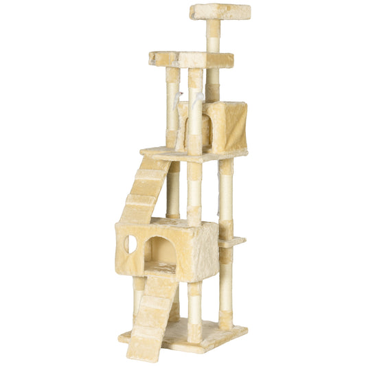 68 inches Cat Tree, Multi-Level Large Cat Tower Condo with Scratching Posts, Perches, Cat Houses, Dangling Toy, Beige