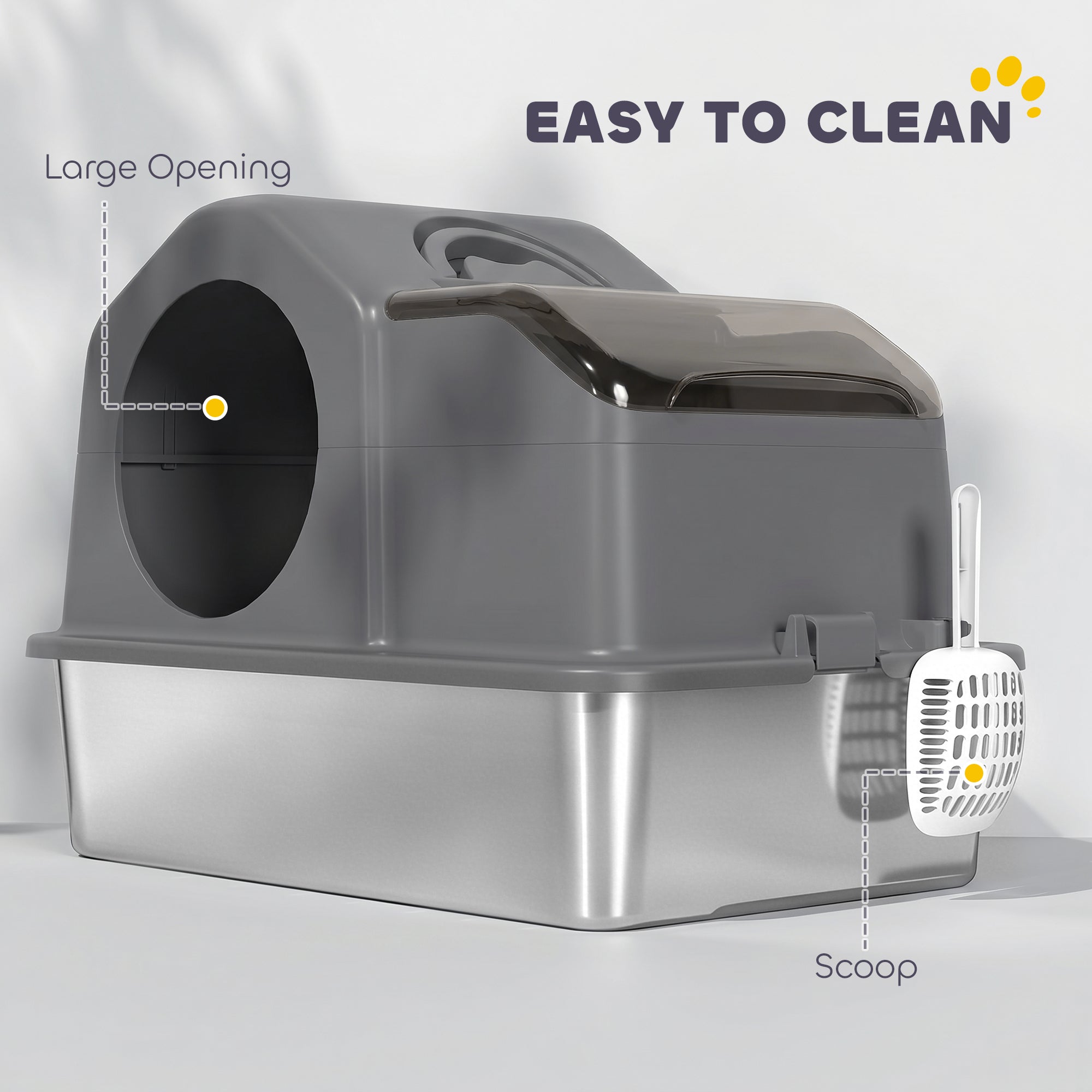 Stainless Steel Cat Litter Box with Removable Lid, Extra Large Enclosed Litter Box with High Sided, Scoop, Odor Free, Non-Sticky, Anti-Leakage, Easy Clean, Dark Grey