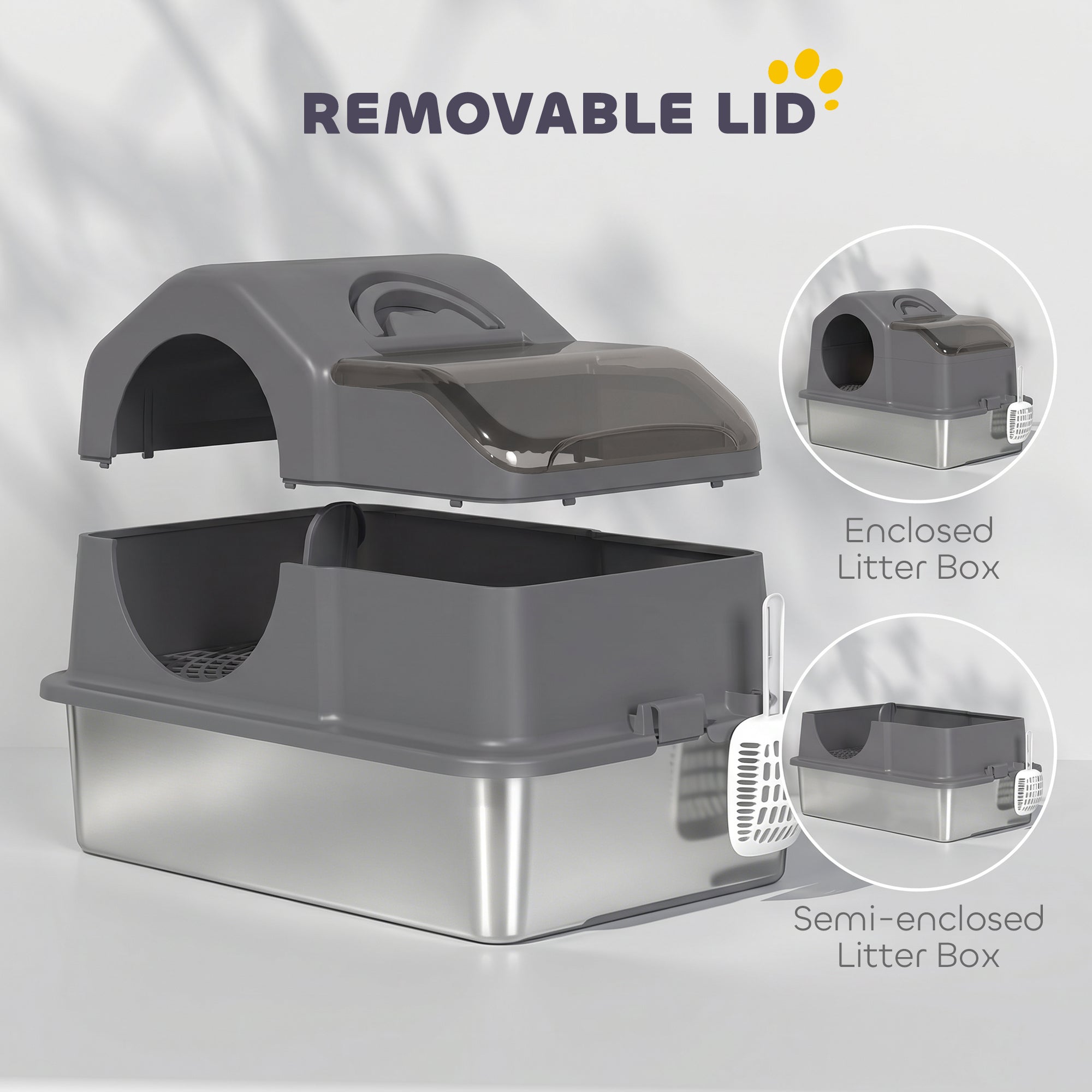 Stainless Steel Cat Litter Box with Removable Lid, Extra Large Enclosed Litter Box with High Sided, Scoop, Odor Free, Non-Sticky, Anti-Leakage, Easy Clean, Dark Grey