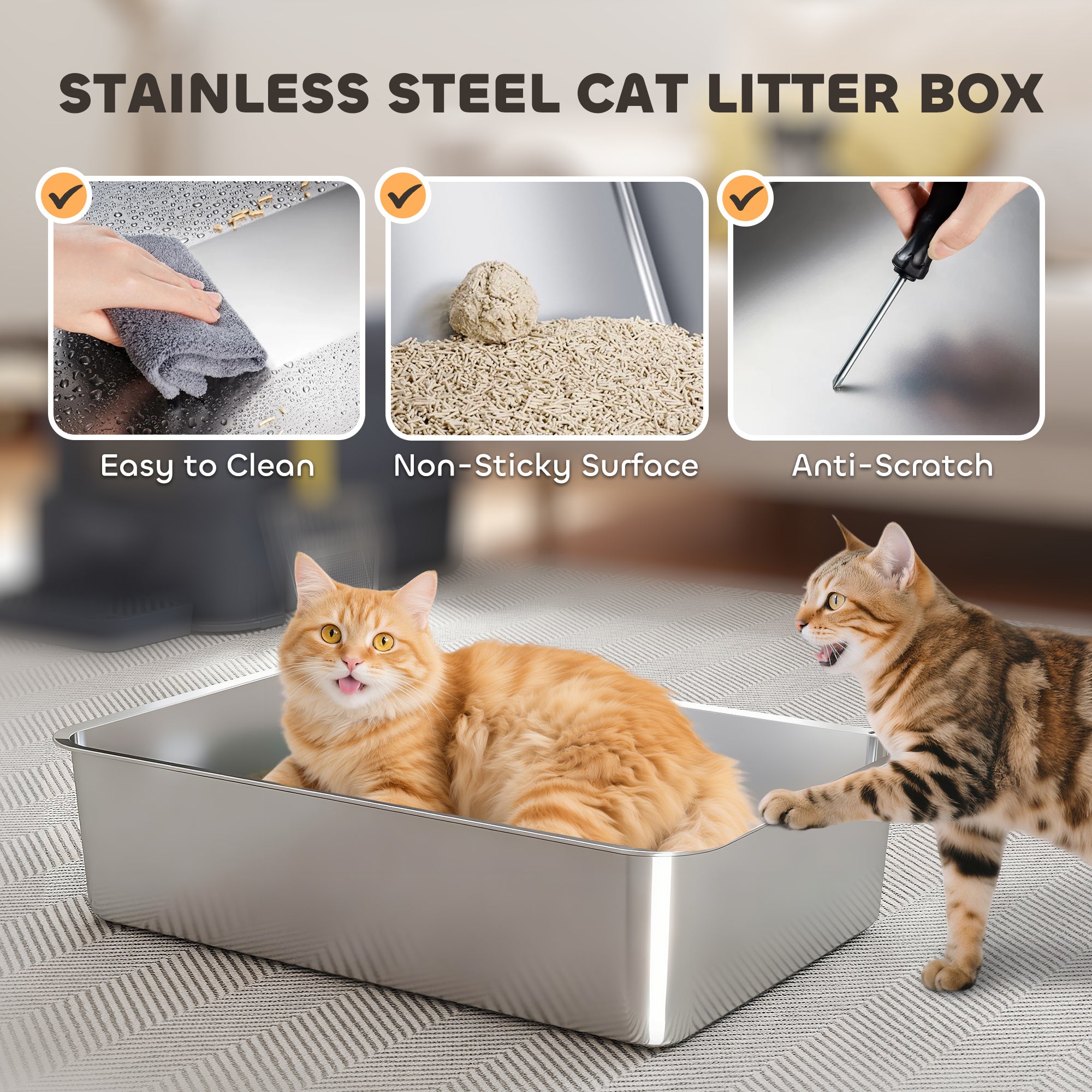 80L Stainless Steel Cat Litter Box with Lid, XL Metal Litter Box for Big Cats with 180° Flip Cover, Pull-Out Drawer Tray, High Sided, Pedal, Metal Scoop, Dark Grey