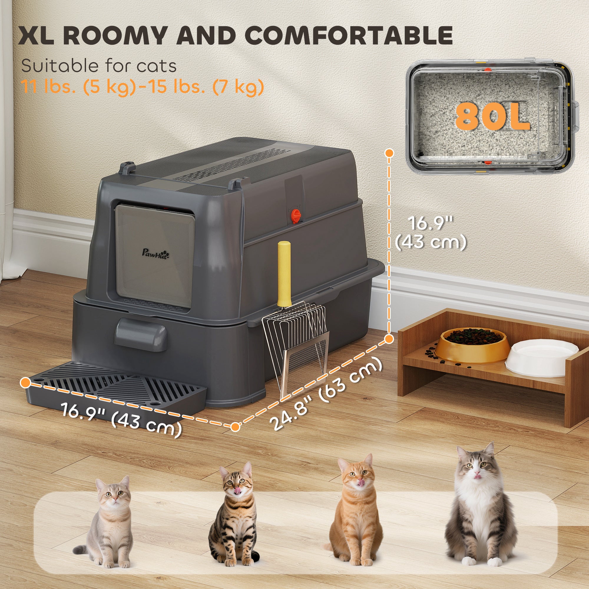 80L Stainless Steel Cat Litter Box with Lid, XL Metal Litter Box for Big Cats with 180° Flip Cover, Pull-Out Drawer Tray, High Sided, Pedal, Metal Scoop, Dark Grey
