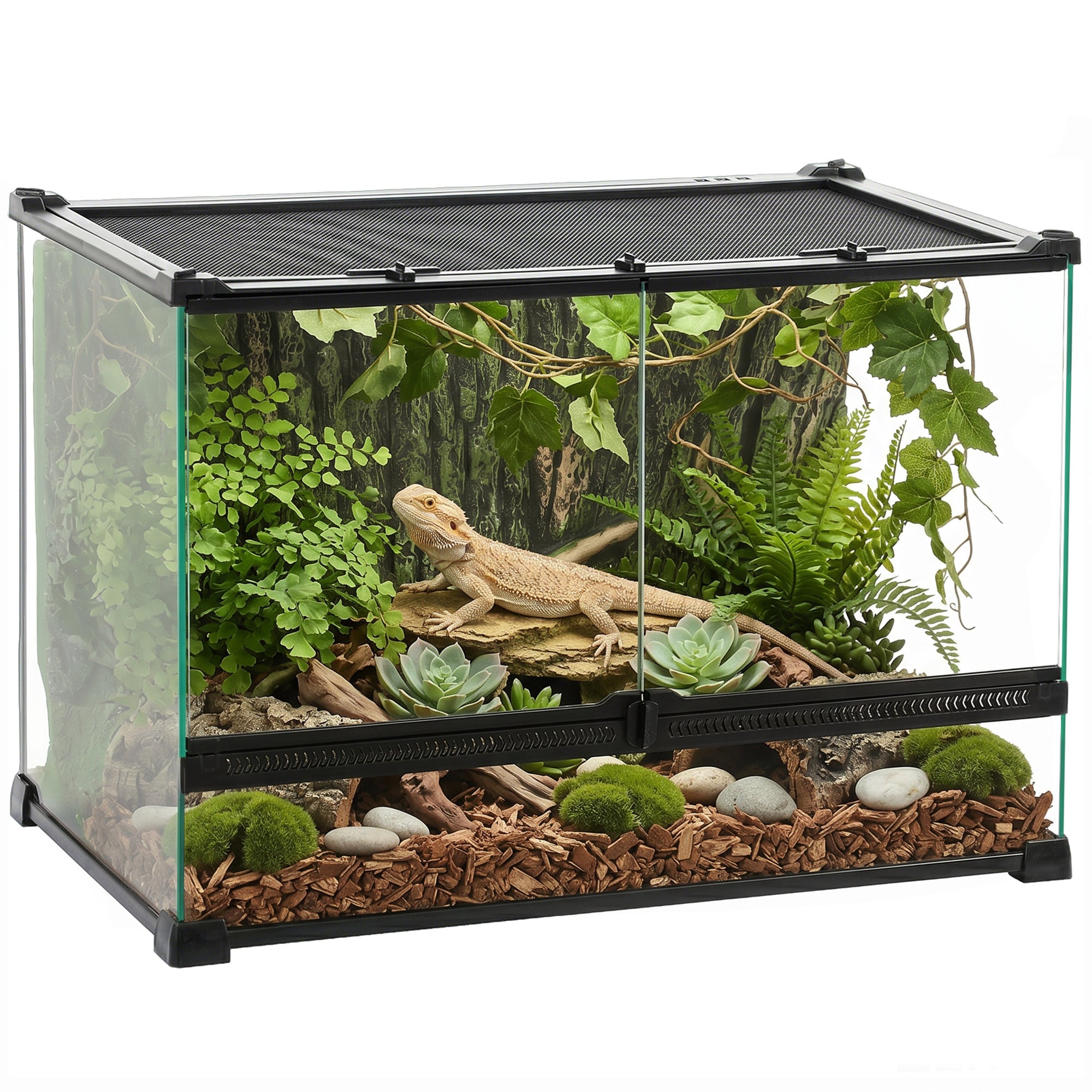 Reptile Glass Terrarium, Reptile Vivarium with Tree Bark Background, Front Ventilation, Escape-Proof Knob Lock, Glass Enclosure for Lizards, Horned Frogs, Snakes, 50 x 30 x 35 cm, Black