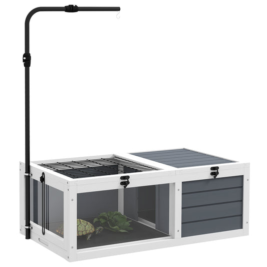 Tortoise House Wooden Tortoise Enclosure Indoor Outdoor Turtle Habitat with Adjustable Lamp Holder, Openable Lids, Pull-out Trays, 32" L x 19" W x 12" H, Grey