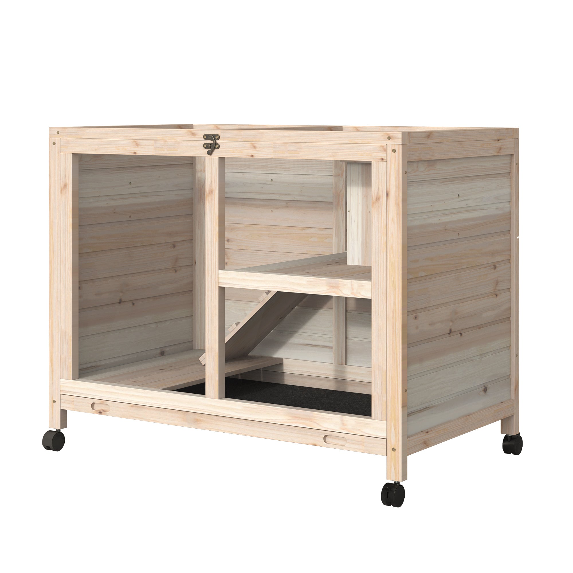 Rabbit Hutch Indoor Wooden Guinea Pig House Hamster Cage with Wheels, 2 Layers Bunny Cage with Openable Roof, 91.5 x 53.3 x 73 cm, Natural