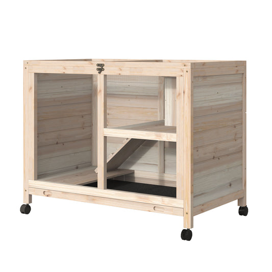 Rabbit Hutch Indoor Wooden Guinea Pig House Hamster Cage with Wheels, 2 Layers Bunny Cage with Openable Roof, 91.5 x 53.3 x 73 cm, Natural