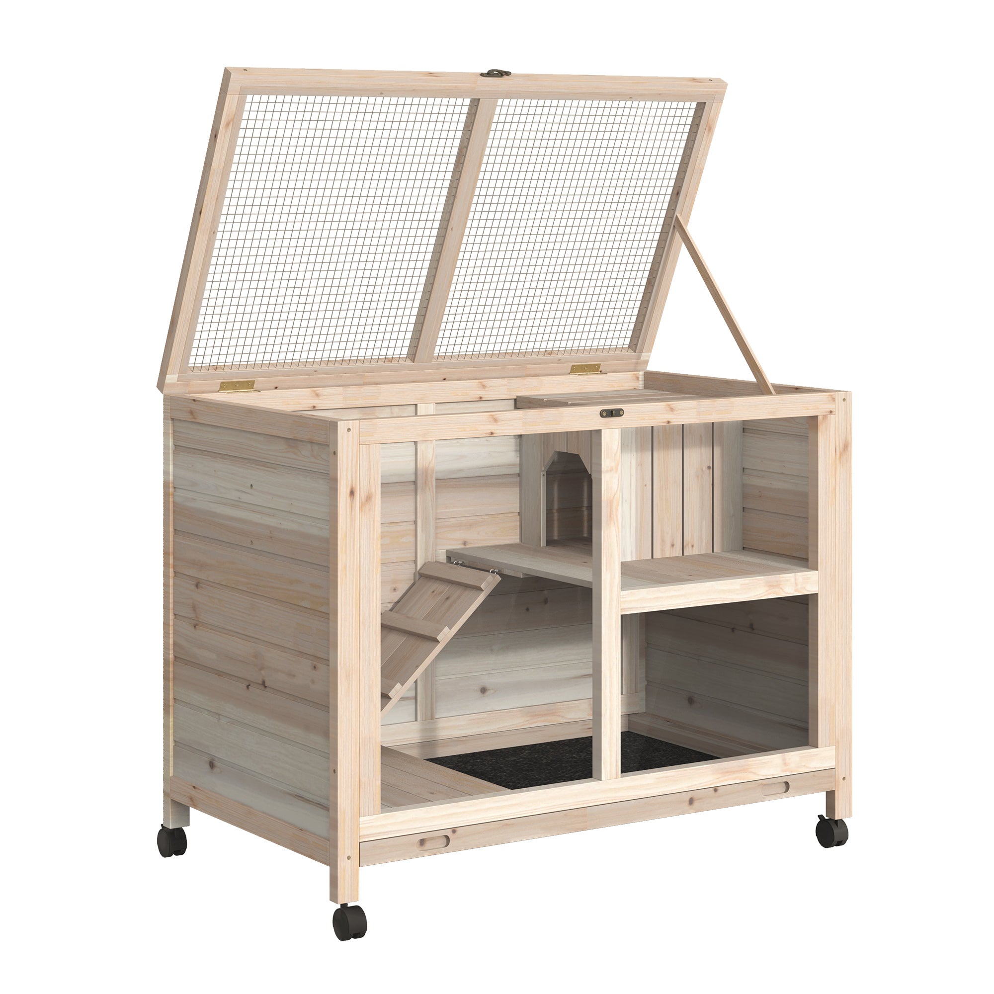 Rabbit Hutch Indoor Wooden Guinea Pig House Hamster Cage with Wheels, 2 Layers Bunny Cage with Openable Roof, 91.5 x 53.3 x 73 cm, Natural