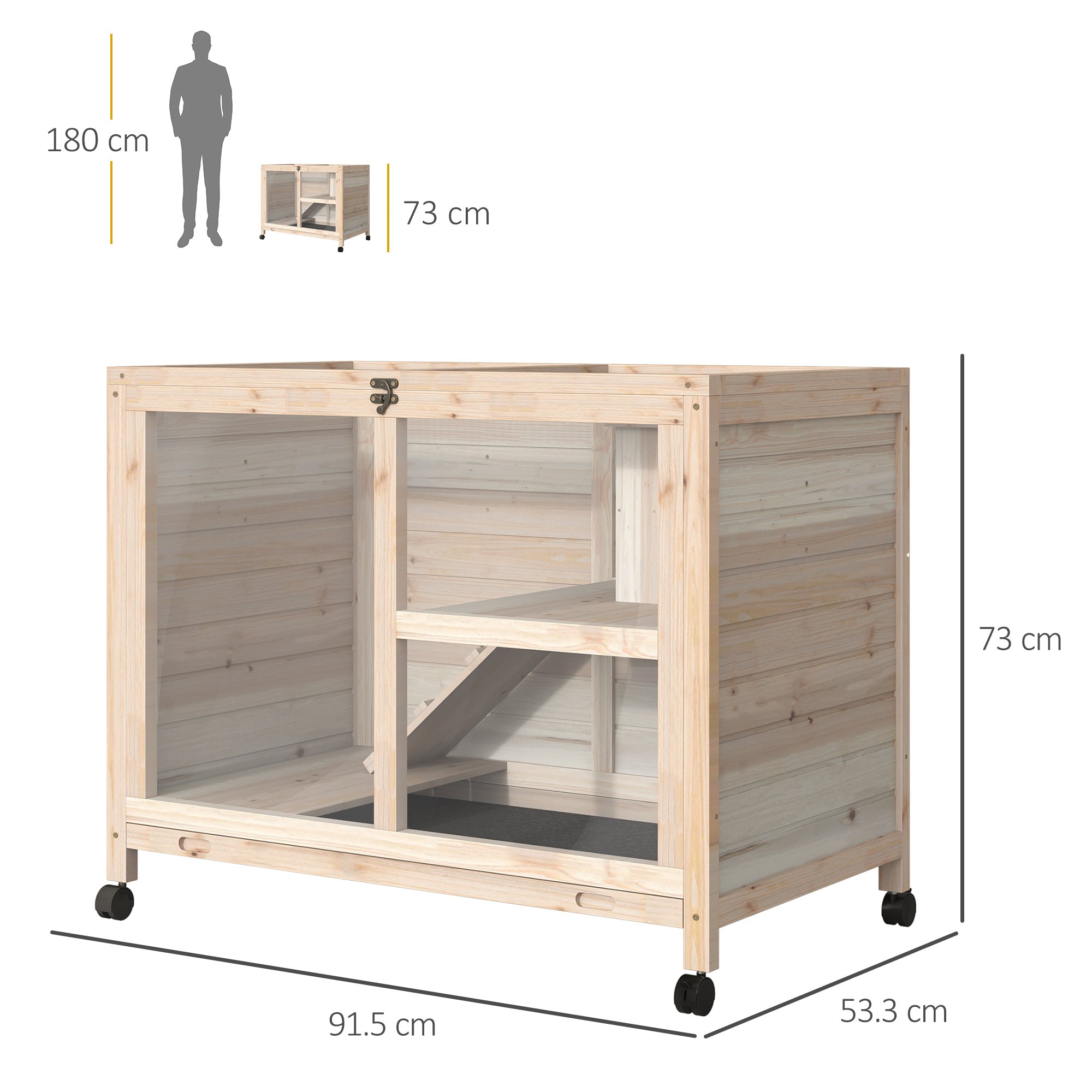 Rabbit Hutch Indoor Wooden Guinea Pig House Hamster Cage with Wheels, 2 Layers Bunny Cage with Openable Roof, 91.5 x 53.3 x 73 cm, Natural