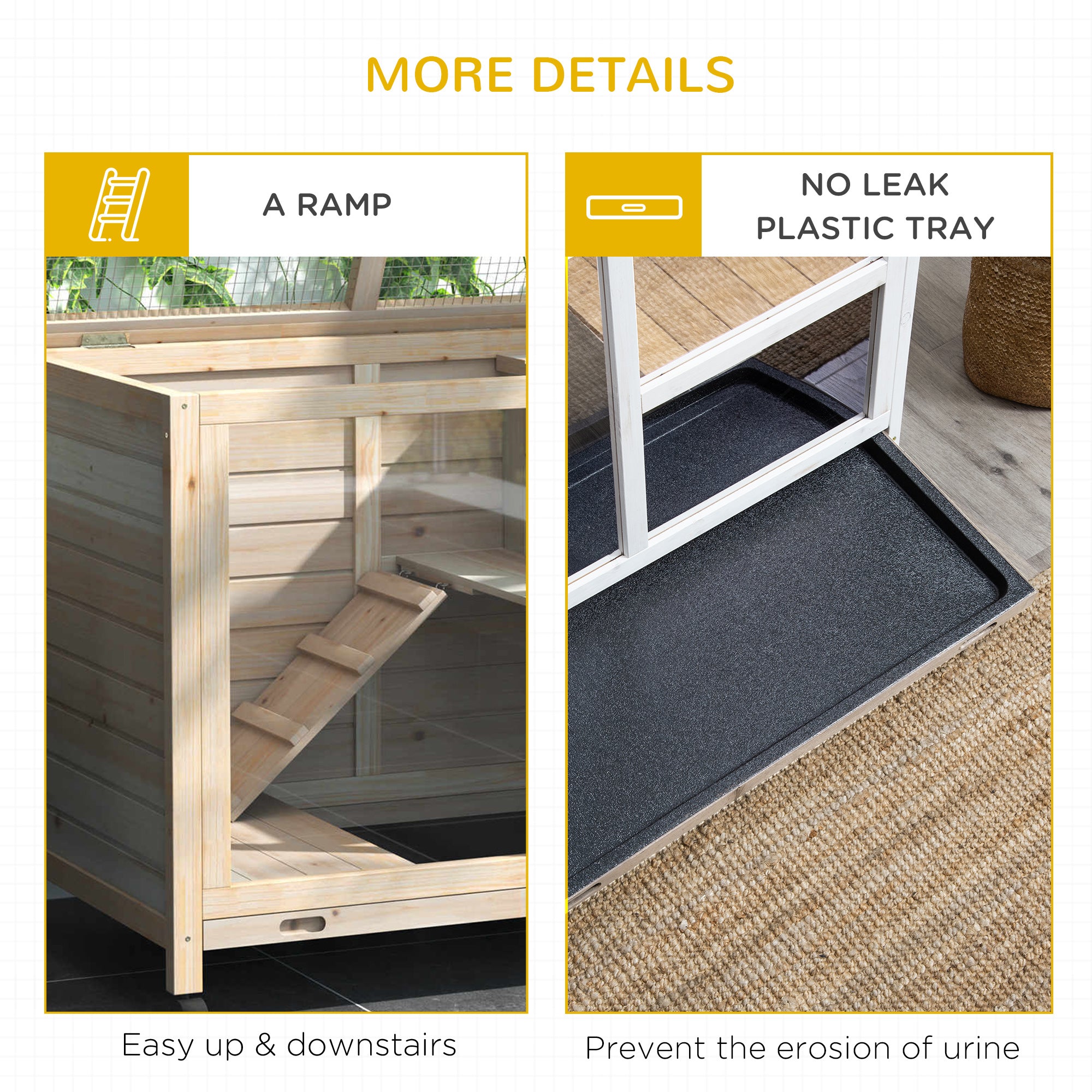 Rabbit Hutch Indoor Wooden Guinea Pig House Hamster Cage with Wheels, 2 Layers Bunny Cage with Openable Roof, 91.5 x 53.3 x 73 cm, Natural
