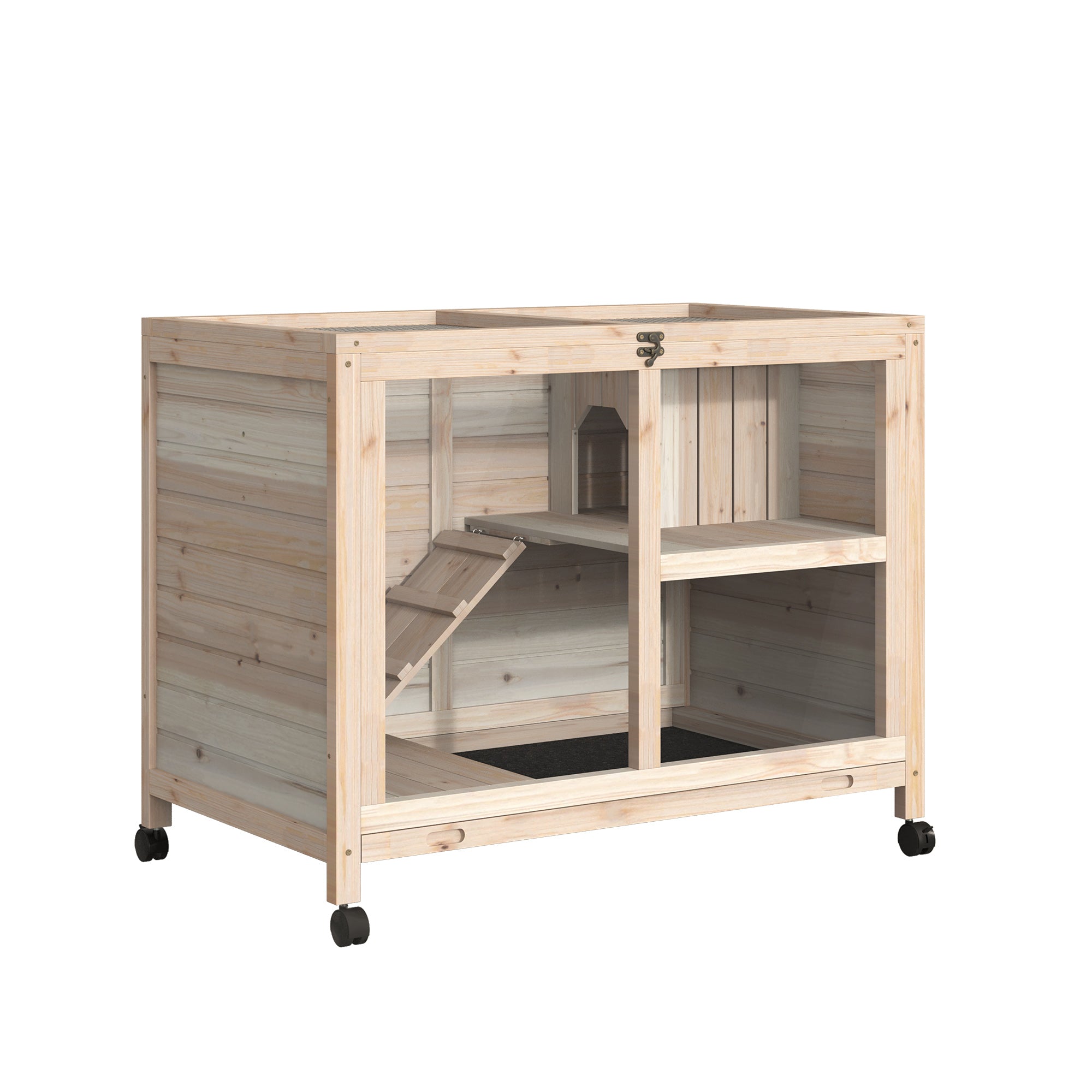 Rabbit Hutch Indoor Wooden Guinea Pig House Hamster Cage with Wheels, 2 Layers Bunny Cage with Openable Roof, 91.5 x 53.3 x 73 cm, Natural
