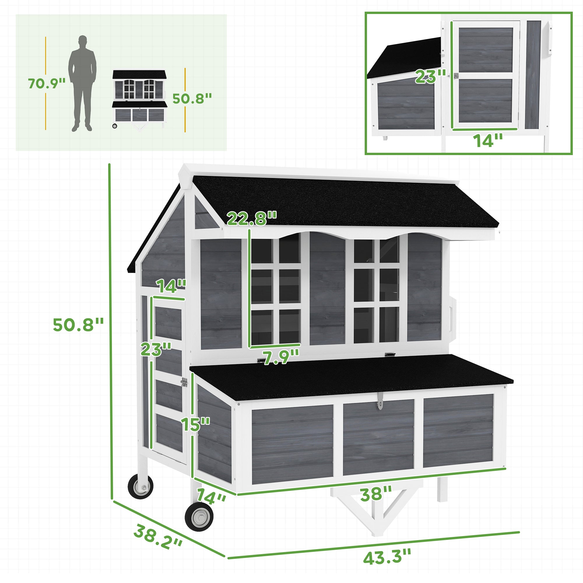 43" Chicken Coop with Wheels, Mobile Chicken House with Nesting Box, Windows, Pull-out Tray, Perches, Wooden Chicken Tractor for 2-4 Hens, Rabbits, for Backyard, Patio, Gray