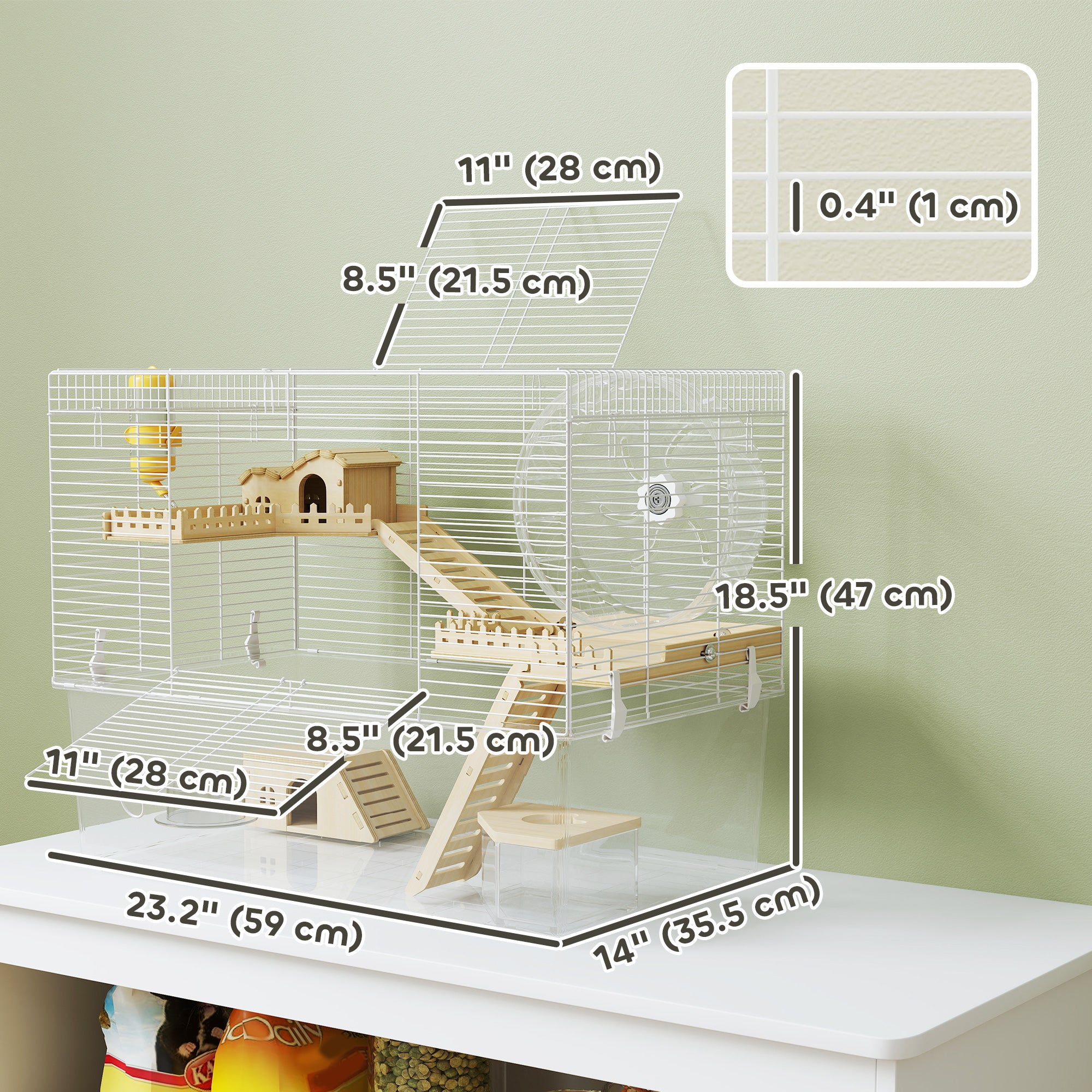 Hamster Cage, Transparent Small Animal House with Deep Bottom, Wooden Ramp, Hut, Bathroom and Exercise Wheel for Hamster and Gerbil, 23.2" L x 14" W x 18.5" H, Two Huts