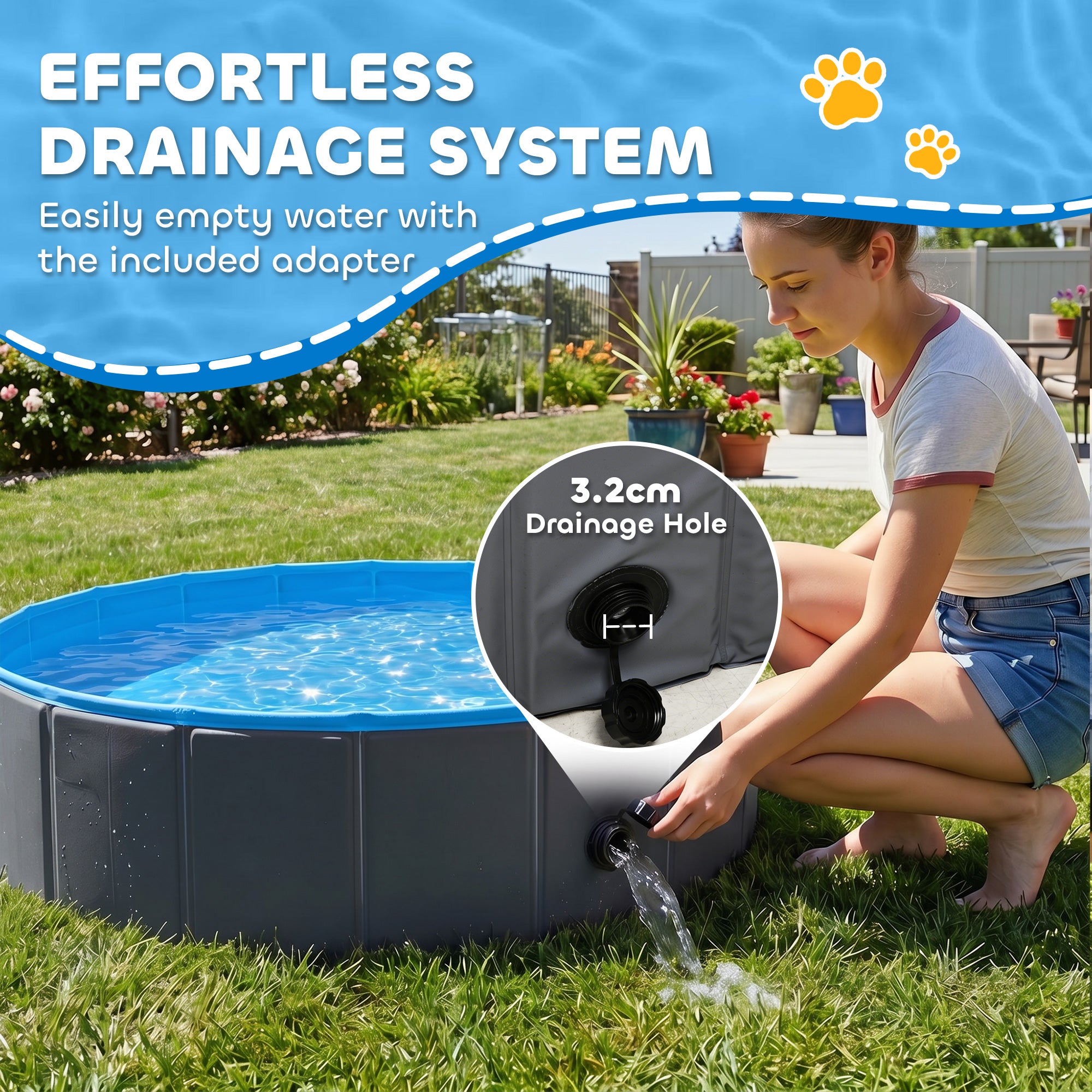 Foldable Dog Pool for Puppies and Ducks, Thickened PVC Dog Paddling Pool Bath Tub Hard Board, Anti-Slip Bottom and Hose Adapter for Easy Drainage, 100 x 30cm, Blue and Dark Grey