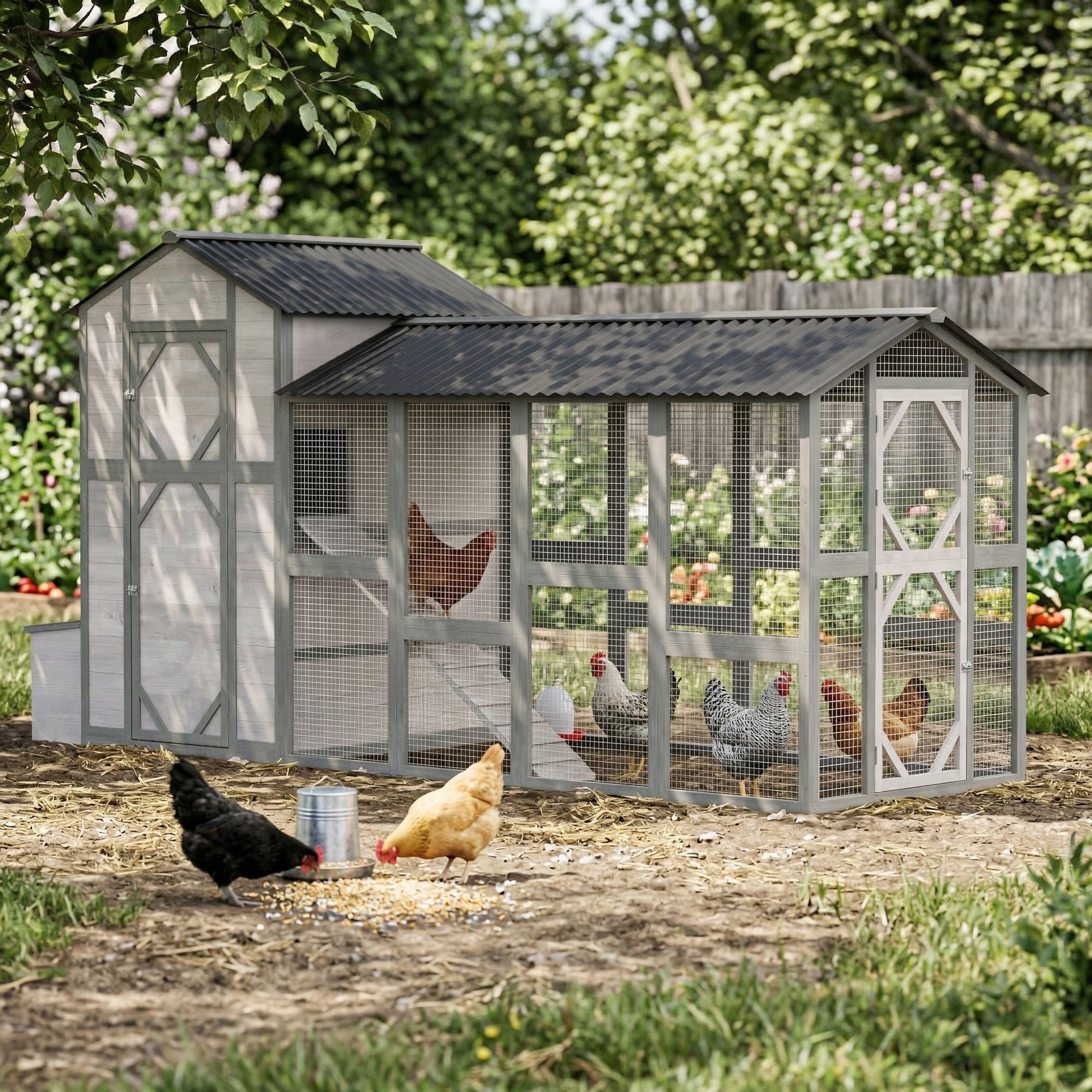 147" Extra Large Chicken Coop, Wooden Hen House for 8-10 Hens, Outdoor Chicken House Poultry Hutch with Run, Pull-Out Tray, Nesting Box, Ventilated Windows, Ramp for Rabbit Duck, Gray