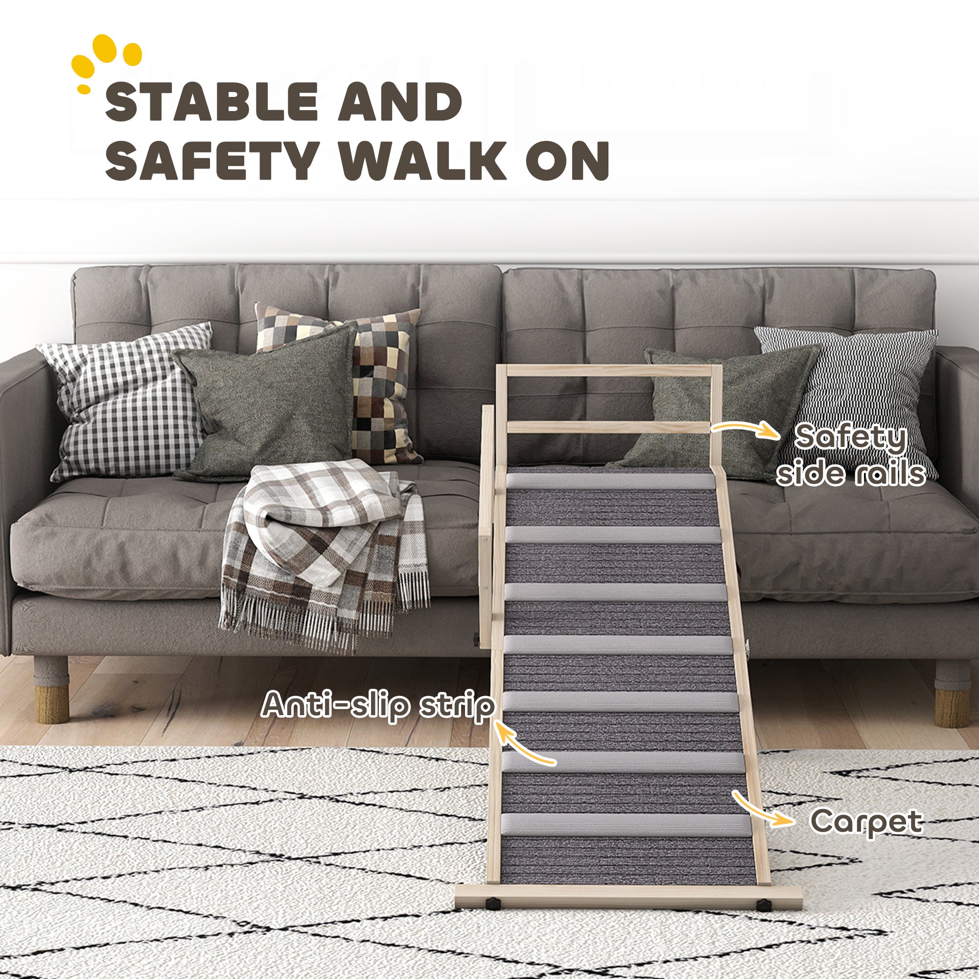 Dog Ramp for Couch, Folding Pet Ramp for Bed, 4 Adjustable Height from 15" to 19", Wooden Pet Step with Non-Slip Traction Mat and Safety Side Rails for Small to Large Dogs