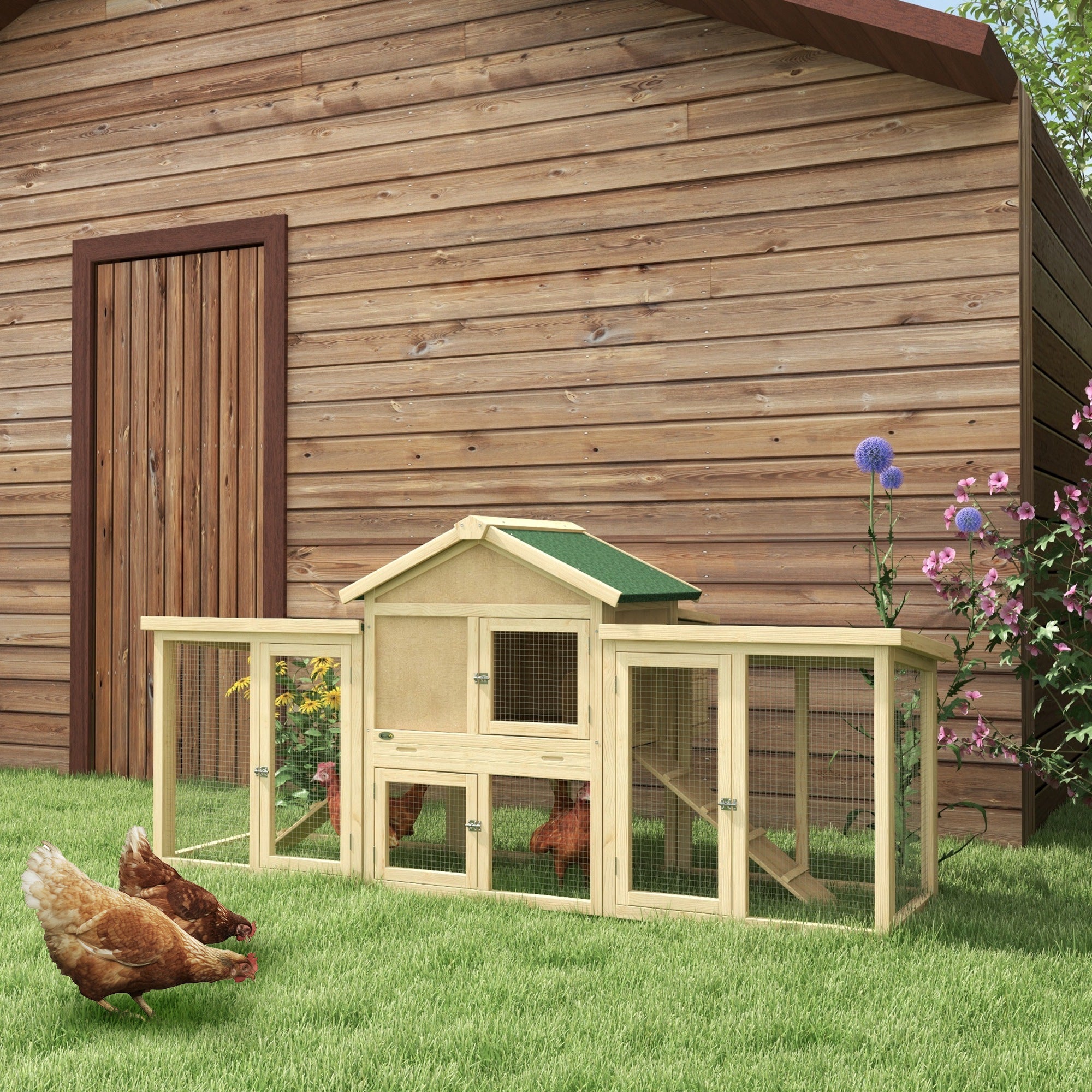 80" Chicken Coop, Wooden Hen House Large Rabbit Hutch Poultry Cage Pen with Nesting Box, Run, Ramp, Drawer, for Outdoor Backyard Garden