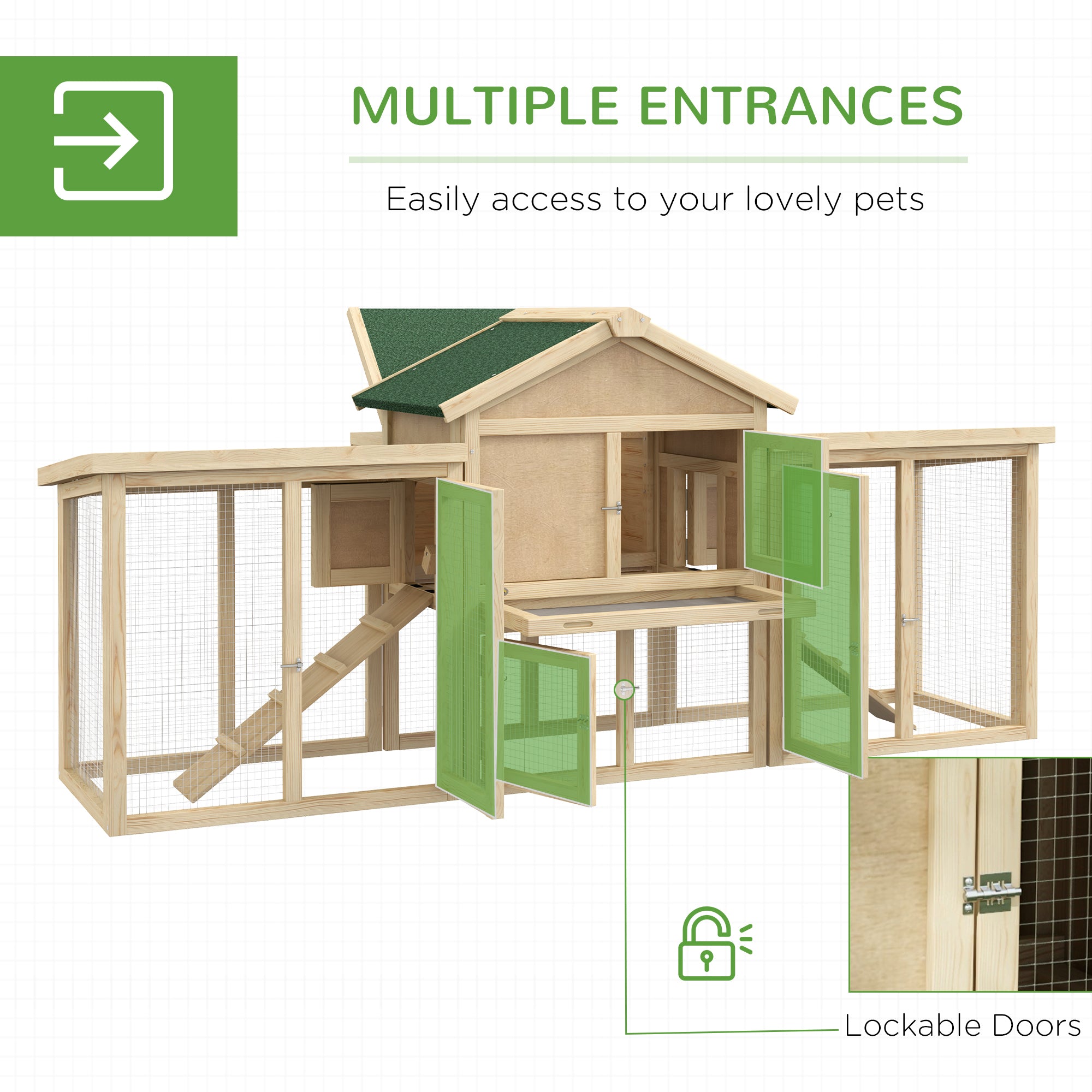 Large Chicken Coop with Run Garden Hen House Poultry Coops Cages with Nesting Box Wooden 204 x 85 x 93cm, Natural Wood Finish