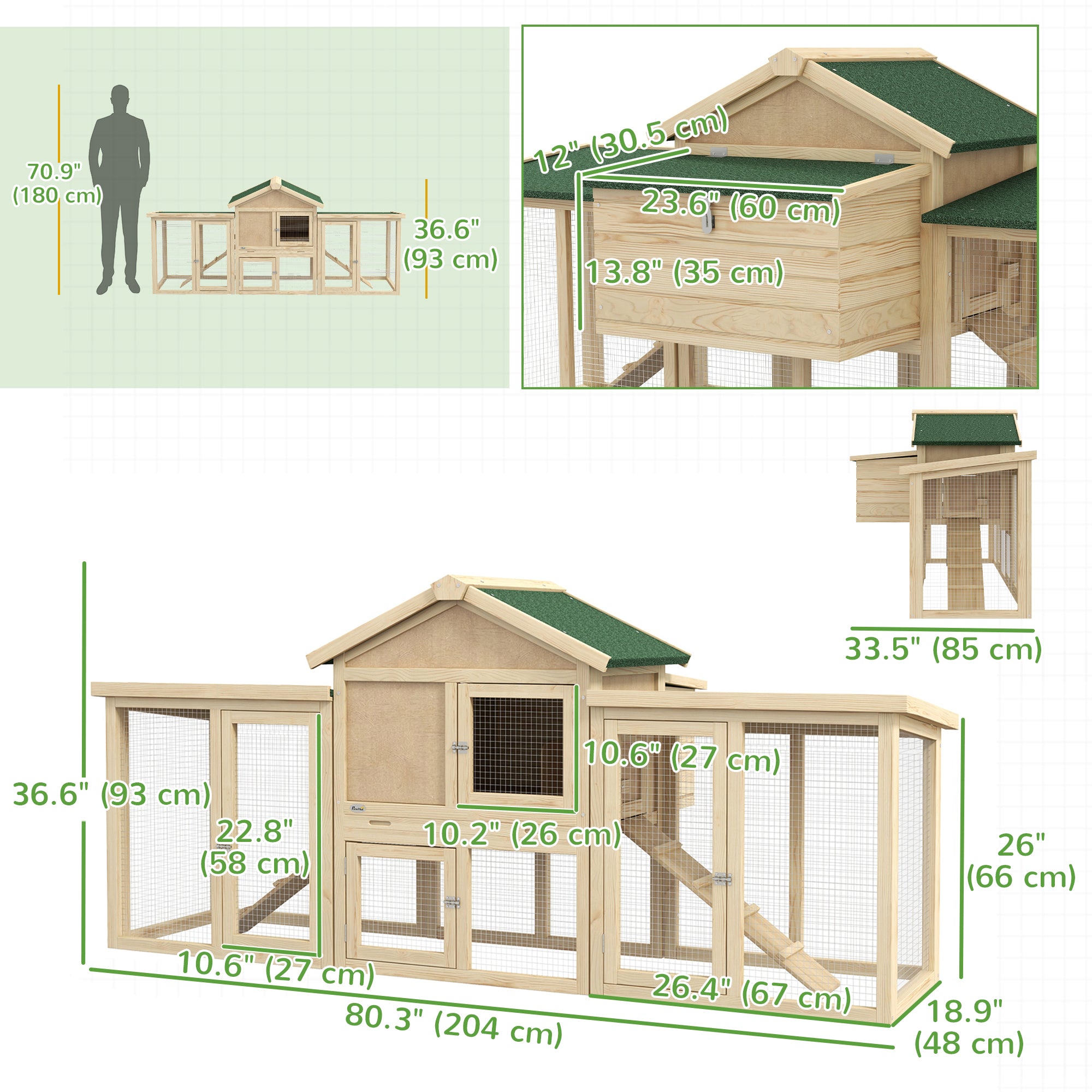 80" Chicken Coop, Wooden Hen House Large Rabbit Hutch Poultry Cage Pen with Nesting Box, Run, Ramp, Drawer, for Outdoor Backyard Garden