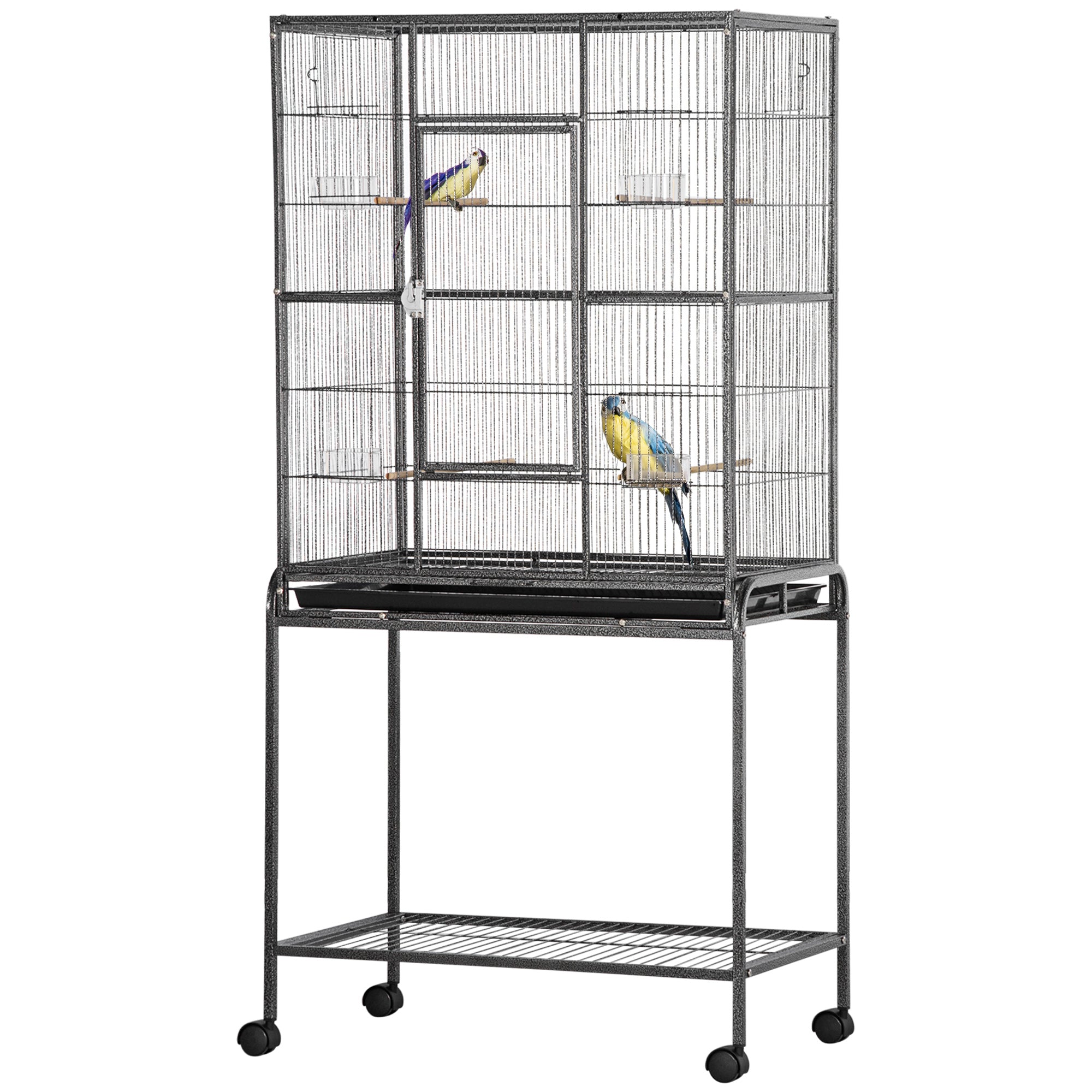 30" Rolling Metal Bird Cage Feeder with Detachable Rolling Stand, Storage Shelf, Wood Perch & Food Container