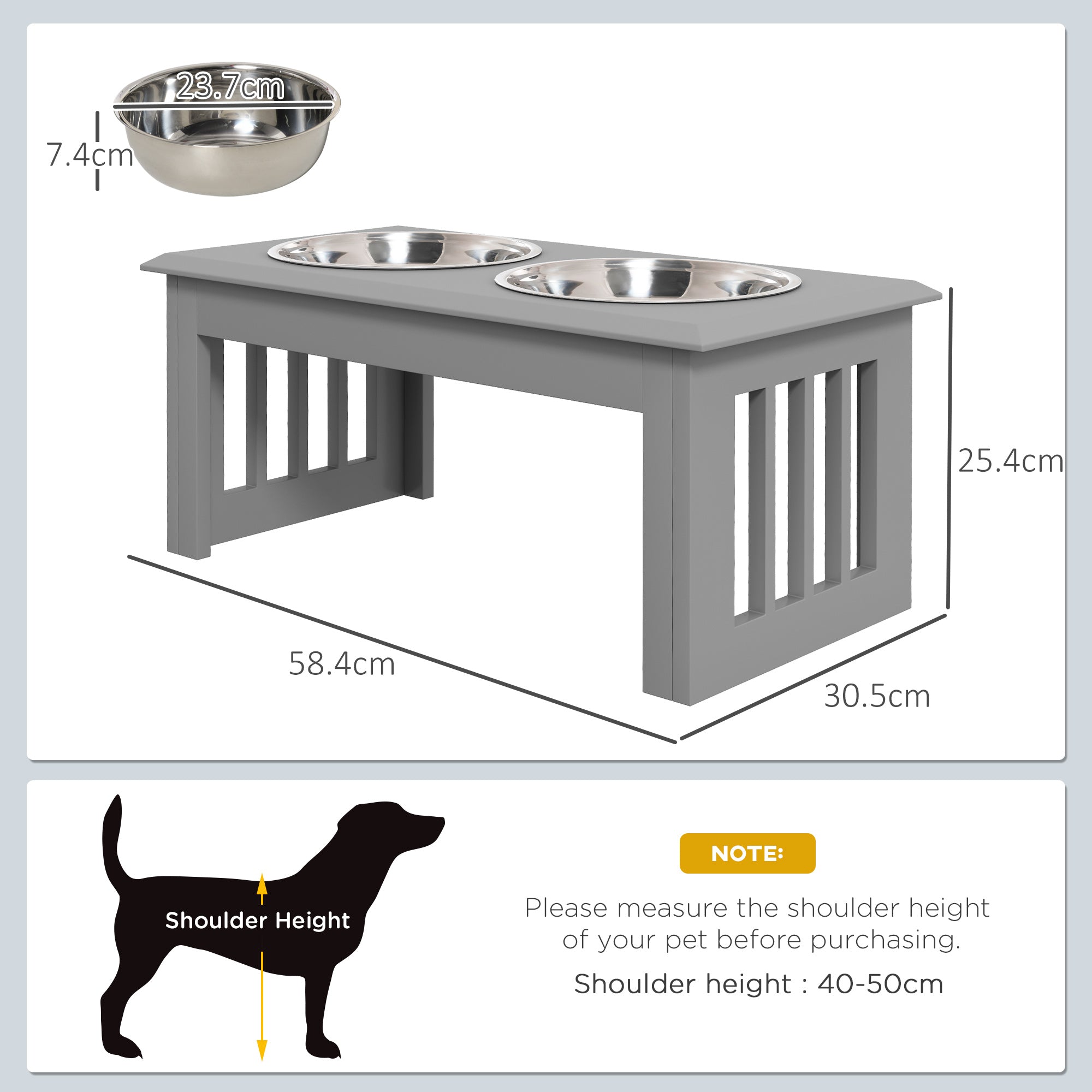 Raised Dog Bowl Feeding Bowls with Stand for Medium Dogs Elevated Pet Bowls Water Food Feeder 58L x 31W x 25H cm - Grey