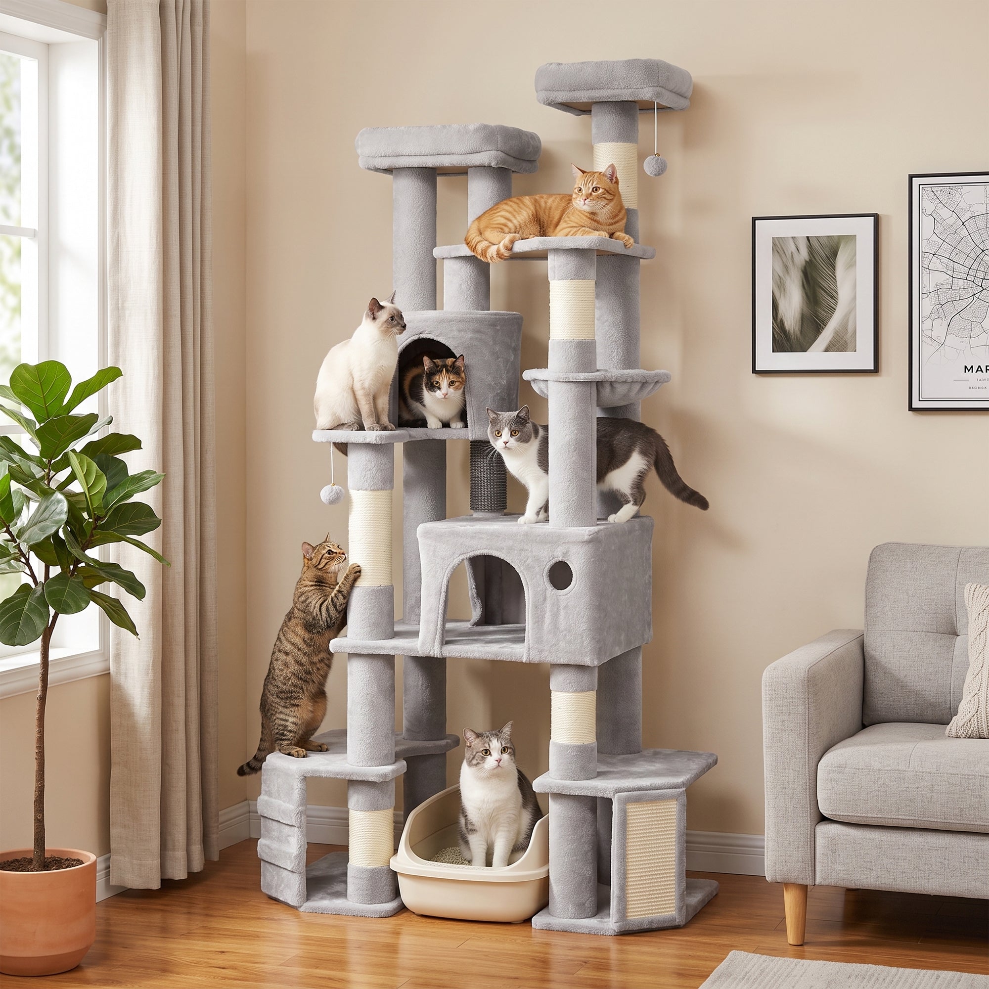 79" Tall Cat Tree for Indoor Large Cats Adult, Multi-Level Kitty Tower Split Baseboard, 2 Condos, 2 Beds, 5 Sisal Scratching Posts, Hammock, Self-Grooming Brush